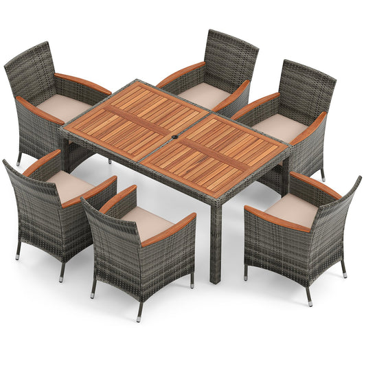 7 Pieces Patio Acacia Wood Cushioned PE Rattan Wicker Dining Set for Patio