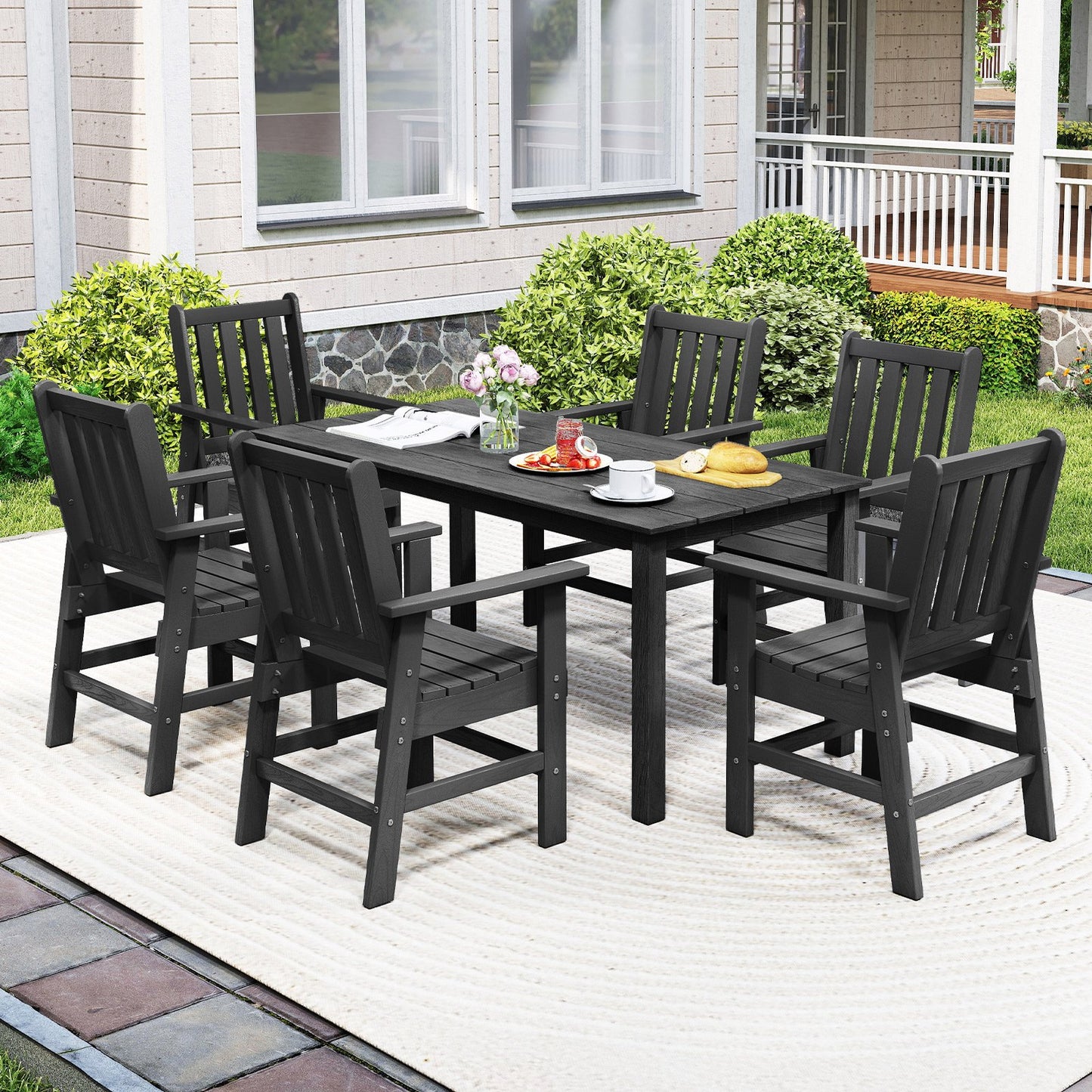 7 Pieces Patio Dining Set Outdoor HDPE Weather Resistant Table and Chairs Set-Black