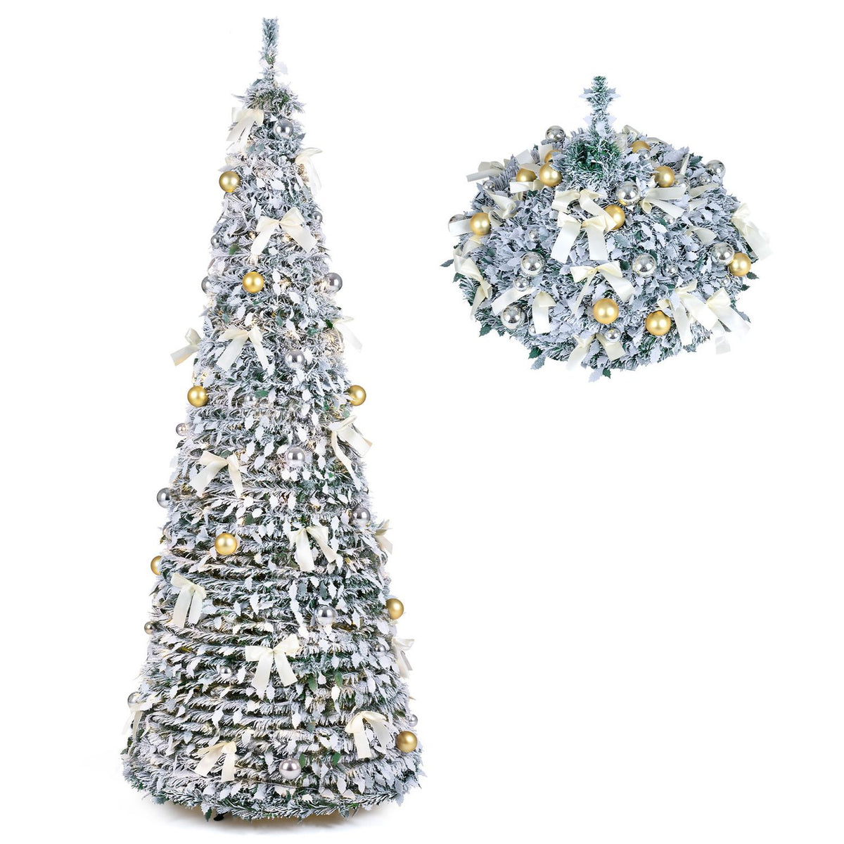 7 ft Pop Up Flocked Christmas Tree with 30 Christmas Bows and 35/50 Christmas Balls