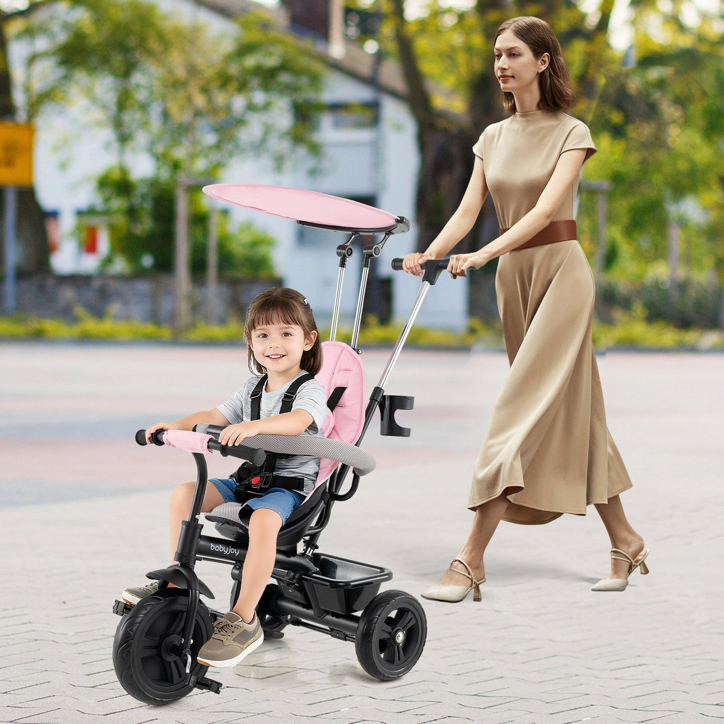 7-in-1 Baby Stroller Tricycle with Adjustable Canopy and Foldable Footrests for Ages 9-60 Months Old-Gray