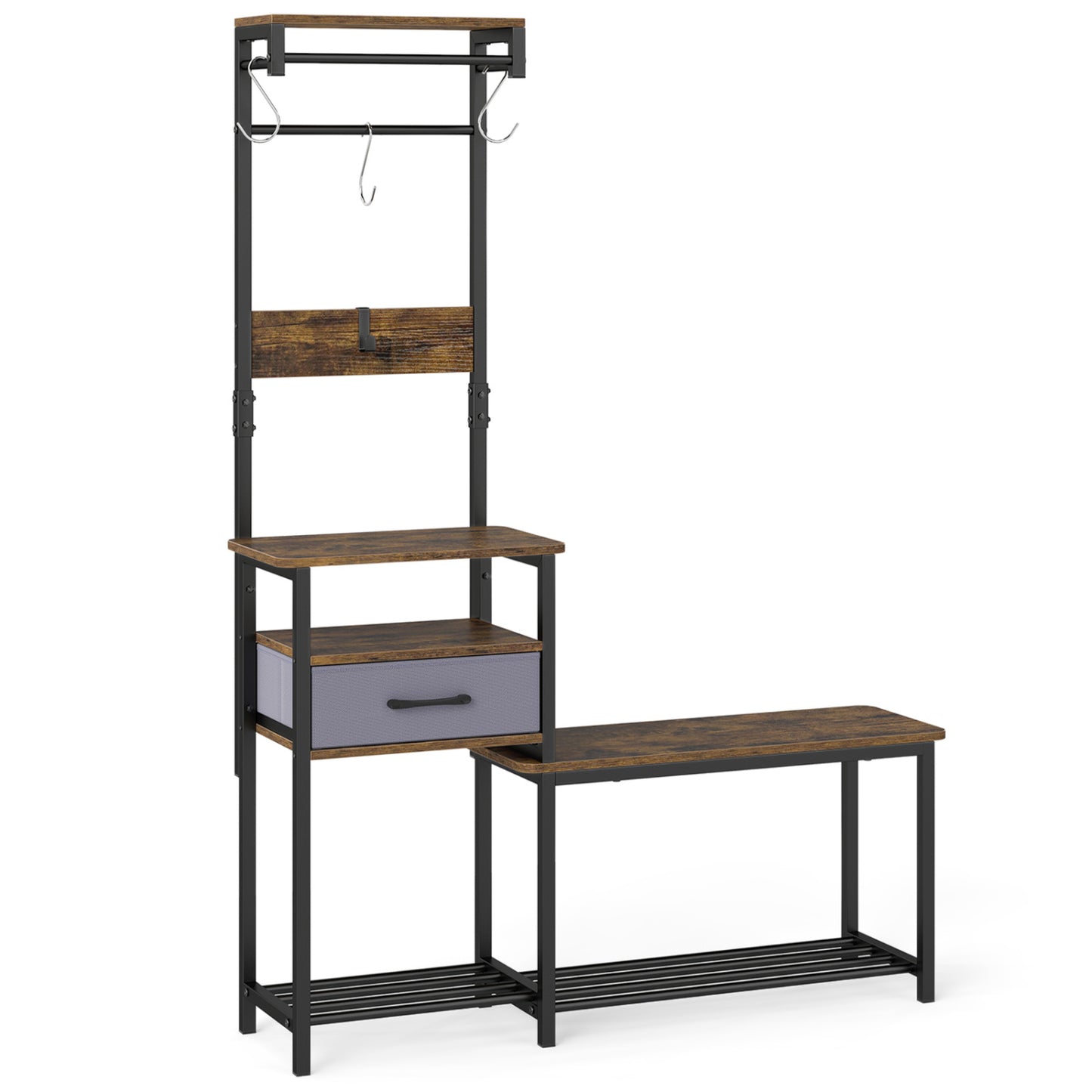 Rustic brown 7-in-1 hall tree with shoe bench, hooks, and removable drawer for entryway organization and storage.