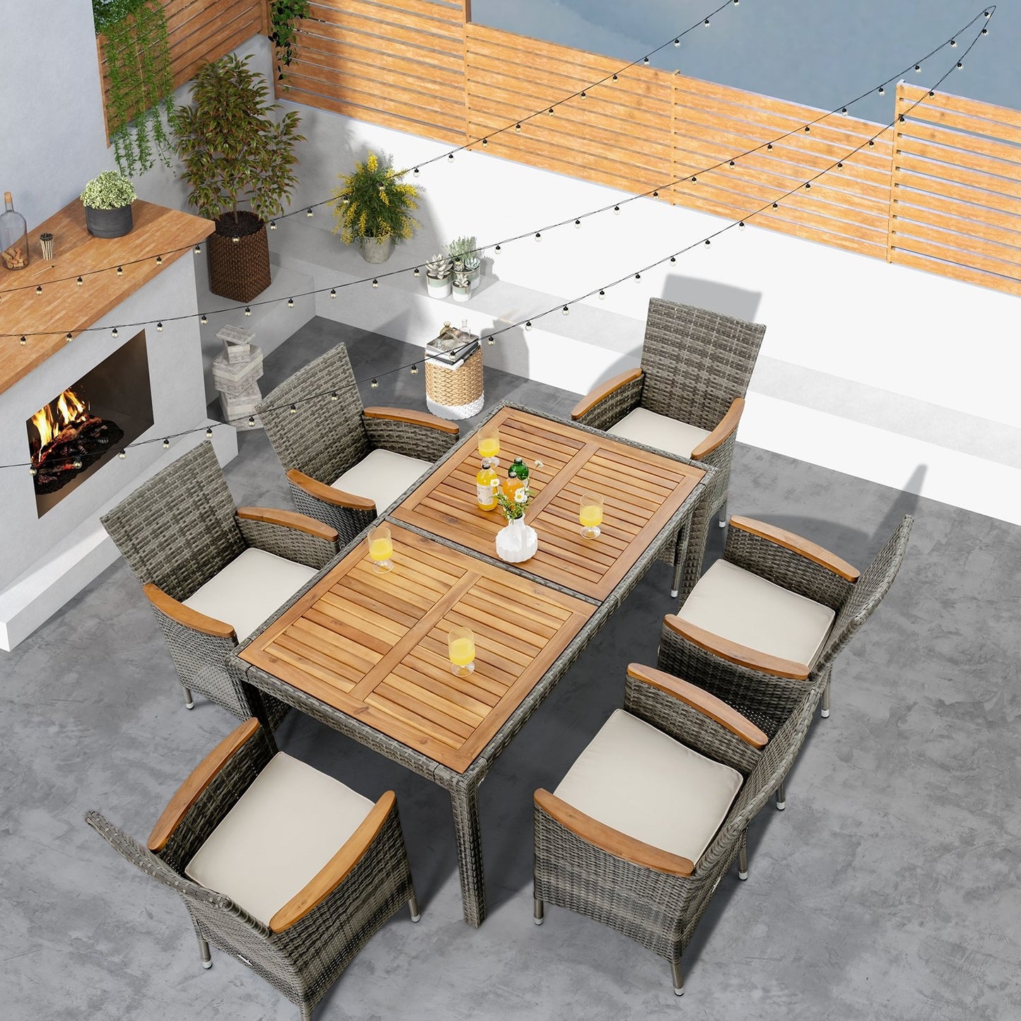 7 Pieces Patio Acacia Wood Cushioned PE Rattan Wicker Dining Set