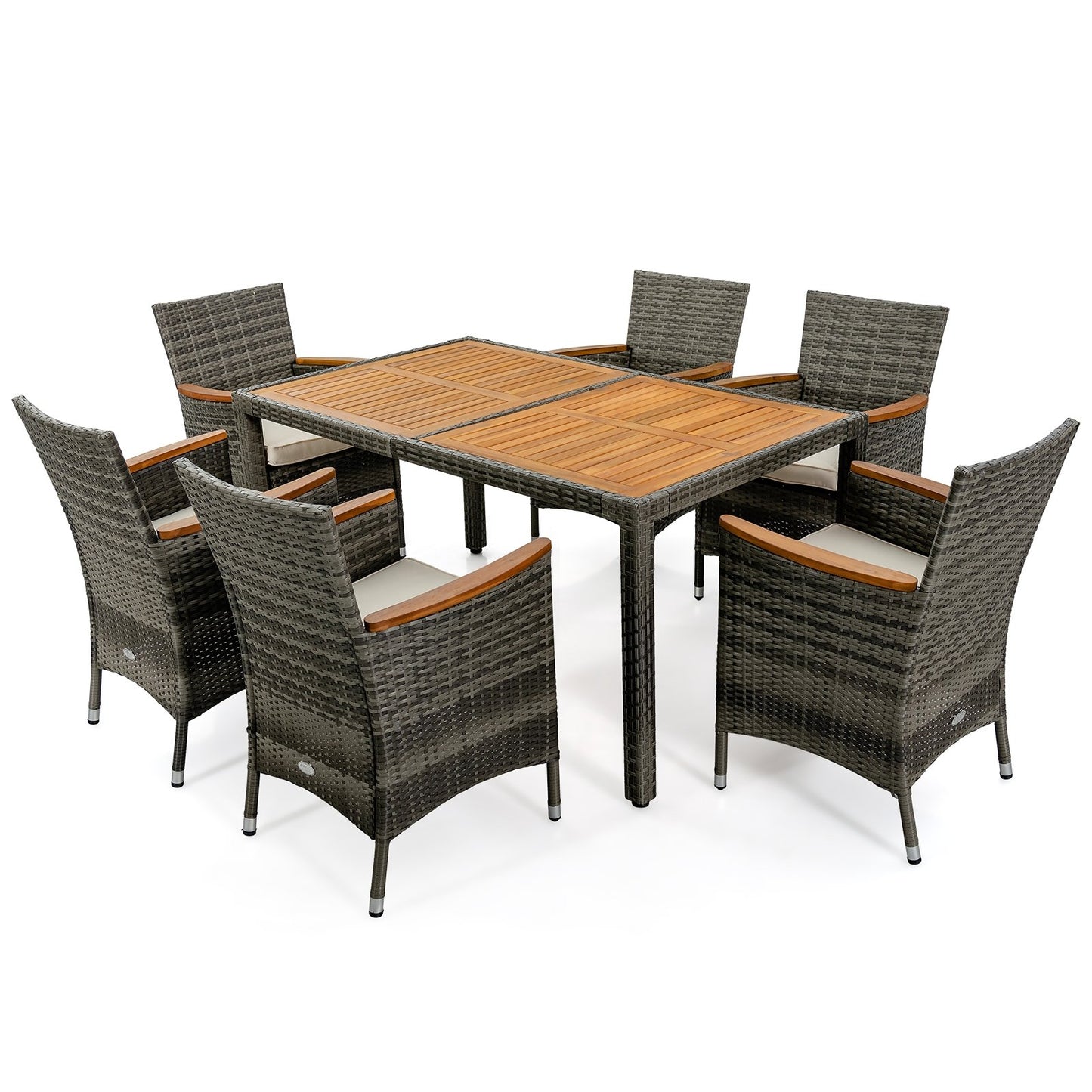 7 Pieces Patio Acacia Wood Cushioned PE Rattan Wicker Dining Set