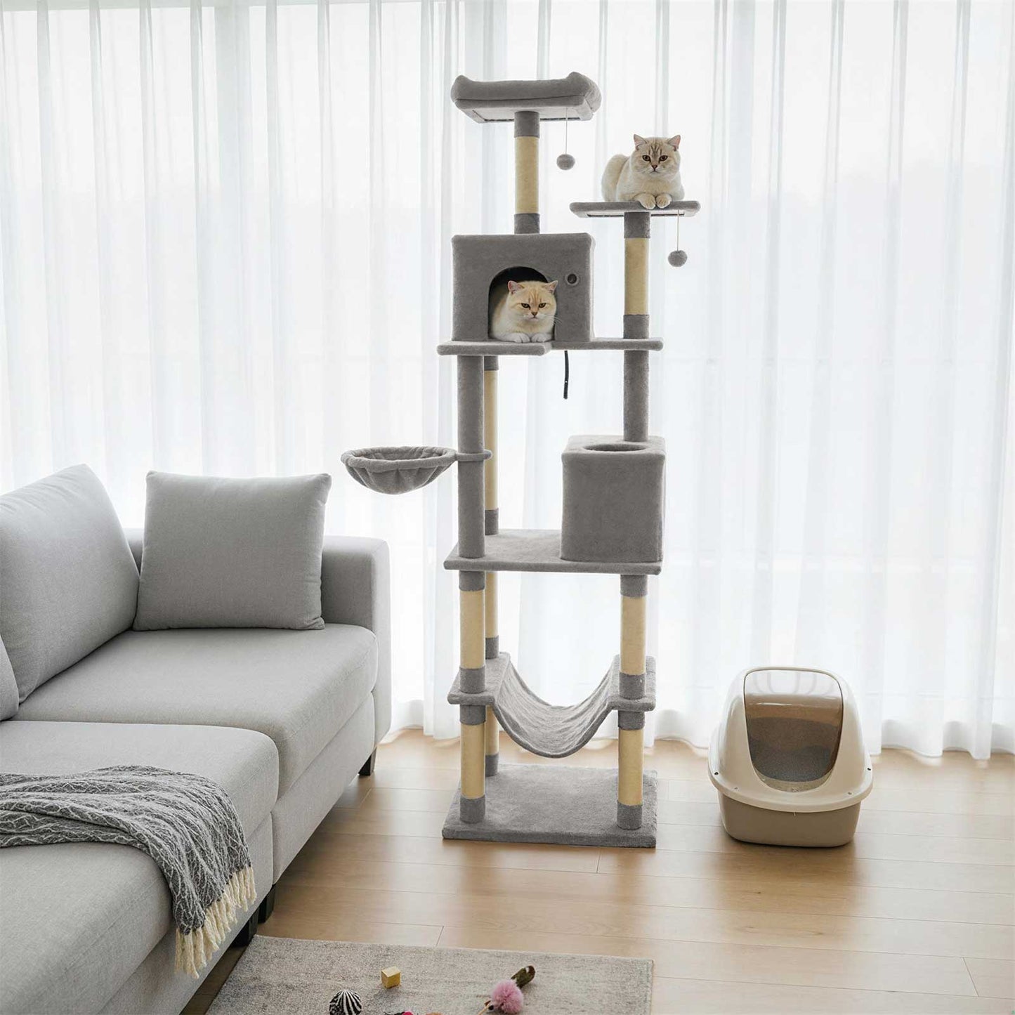80 Inches Tall Cat Tree with 2 Large Condos and Dangling Toys-Beige