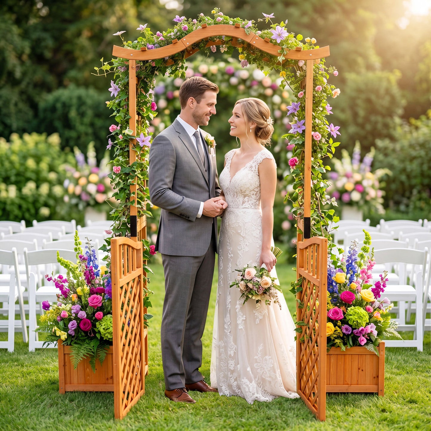 Yellow 83-inch garden arbor with gate and two planter boxes, outdoor decorative accessory from Wilsons Home Store