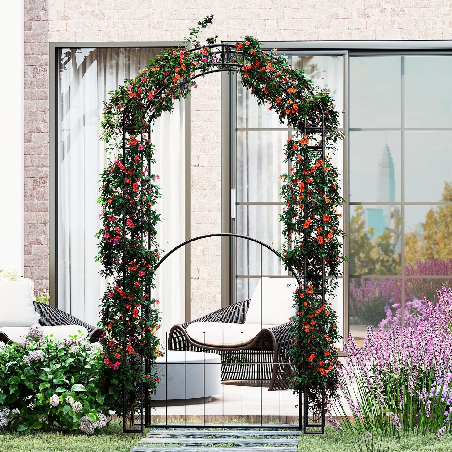 84 Inch Tall Garden Arch Metal Arbor Archway with Gate