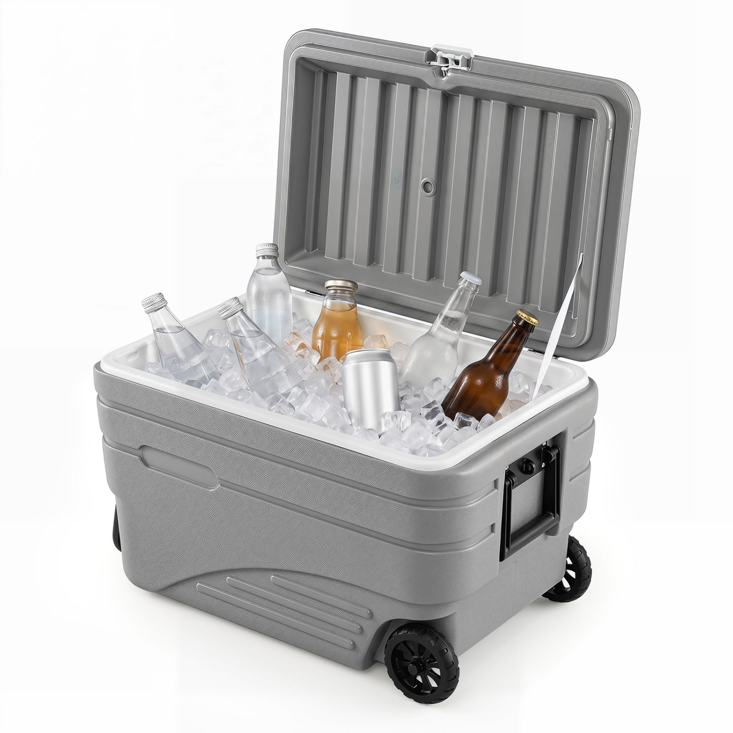 Gray 84-quart portable wheeled ice cooler with foldable pull handle, ideal for outdoor camping and outdoor activities.