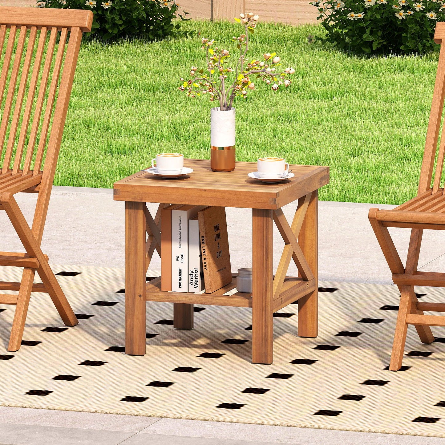 Outdoor Side Table with Storage Shelf for Small Space
