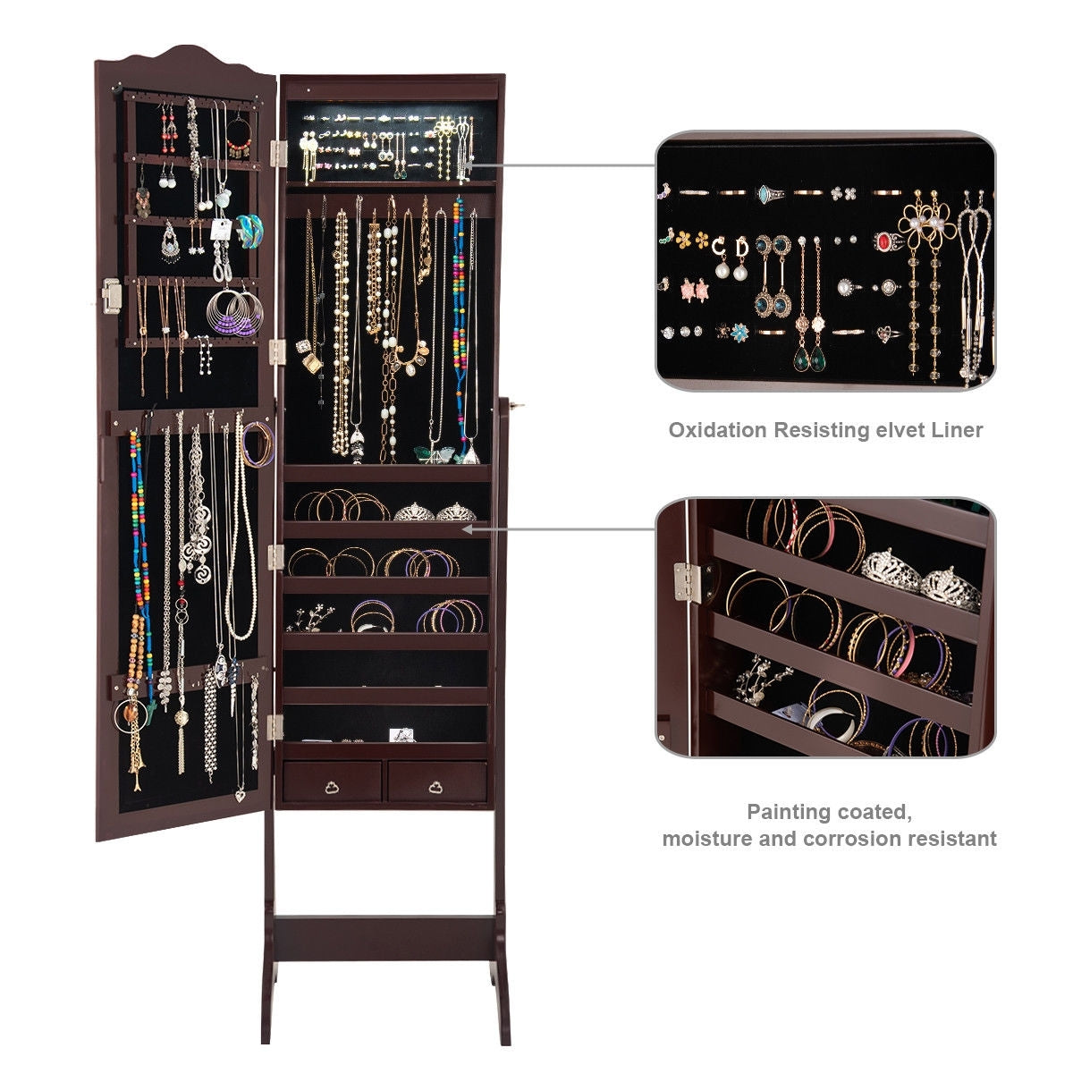 Mirrored Jewelry Cabinet Storage With Drawer And Led Lights -Coffee