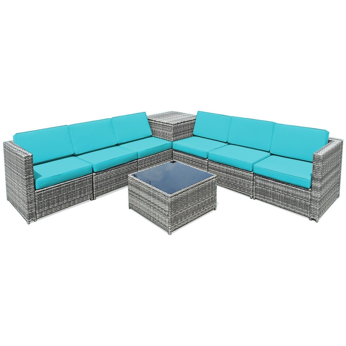 8 Piece Wicker Sofa Rattan Dinning Set Patio Furniture with Storage Table-Black