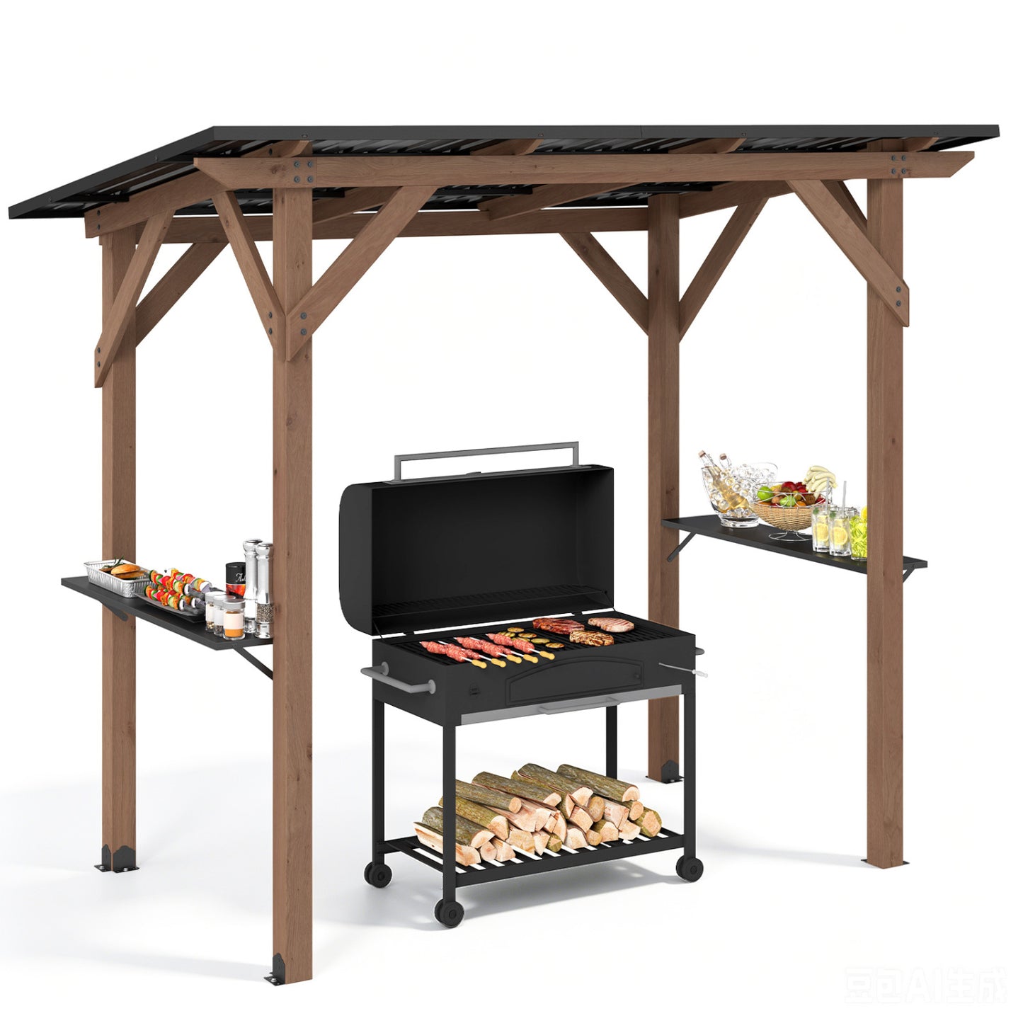 Cedar wood outdoor grill gazebo with two side shelves, 8.6 ft by 5 ft, brown, providing shaded outdoor cooking space