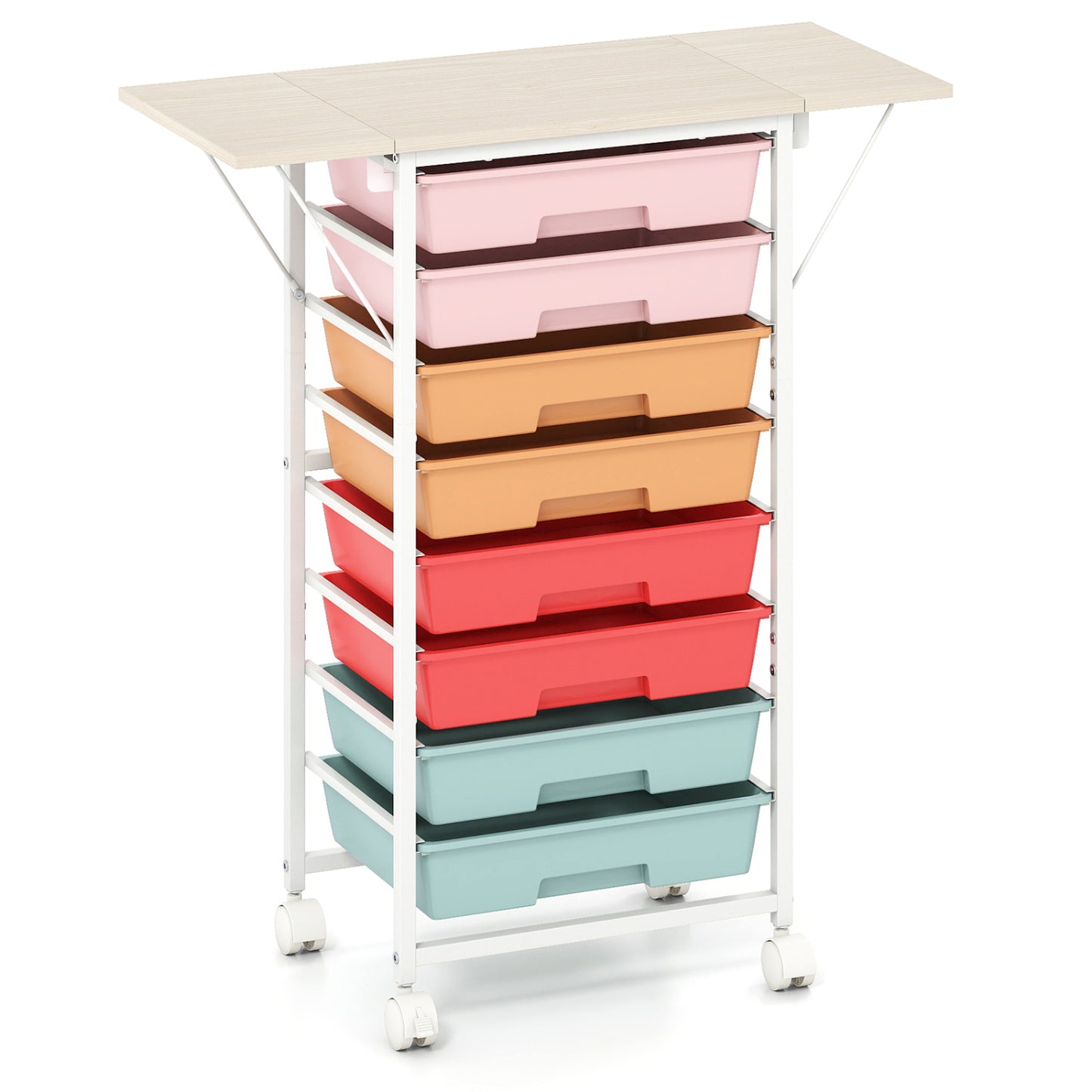 8-Drawer Rolling Cart with Wooden Tabletop and Folding Side Panels for Living Room-Macaron