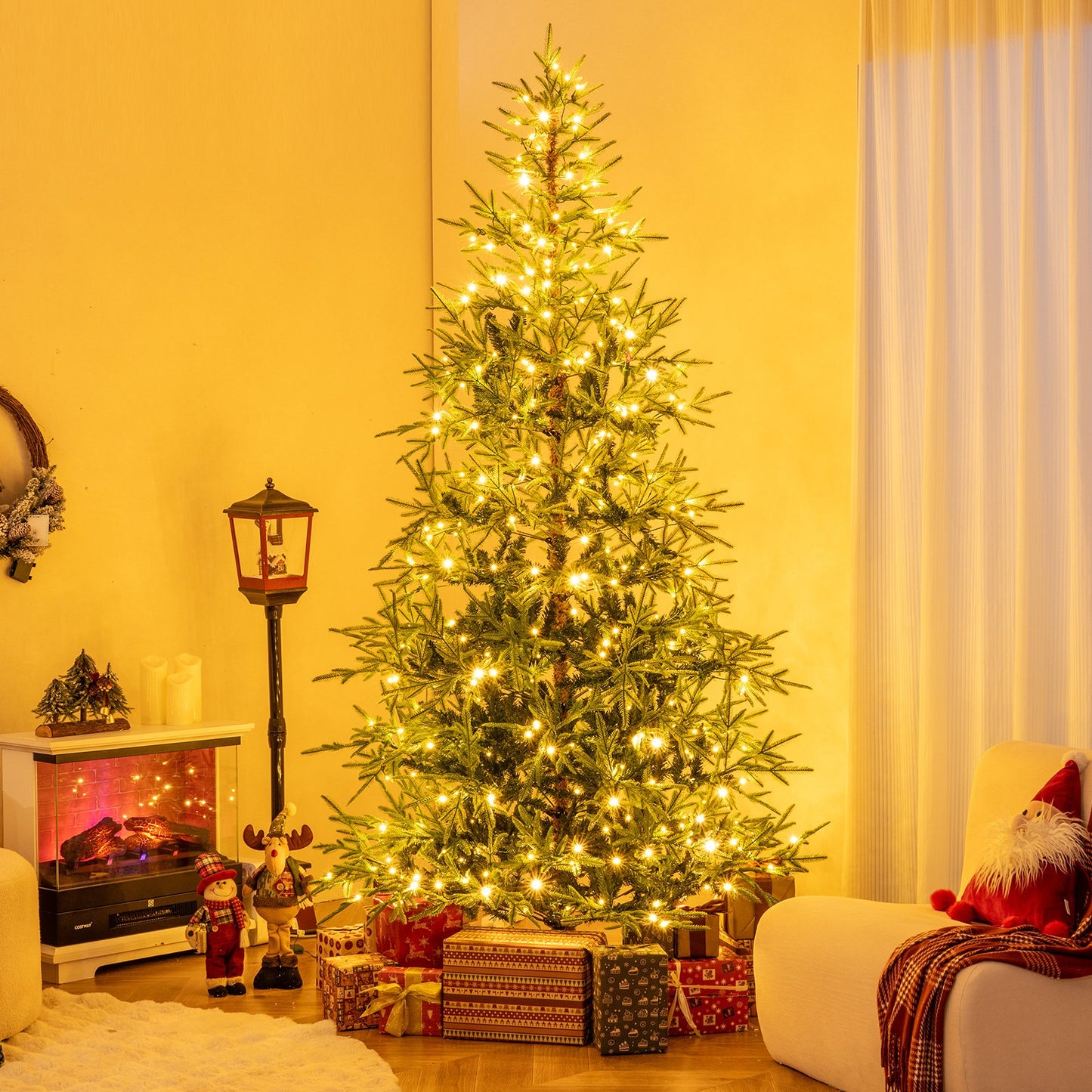 8 FT Pre-Lit Artificial Christmas Tree Hinged Xmas Tree with 400 Warm White & Multicolored LED Lights