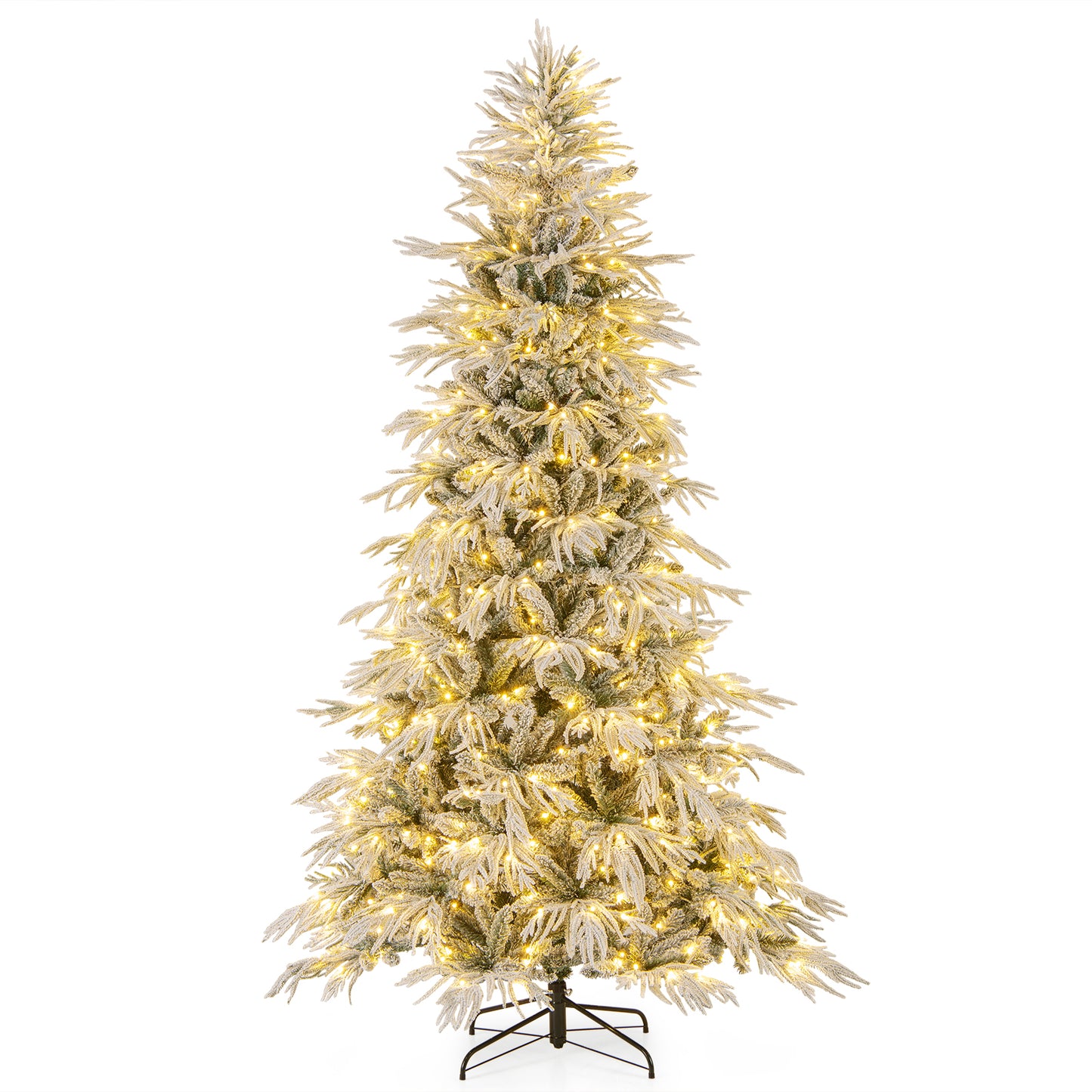 7 Feet Snow-flocked Artificial Christmas Tree Pre-lit Hinged Xmas Tree with Warm White LED Lights