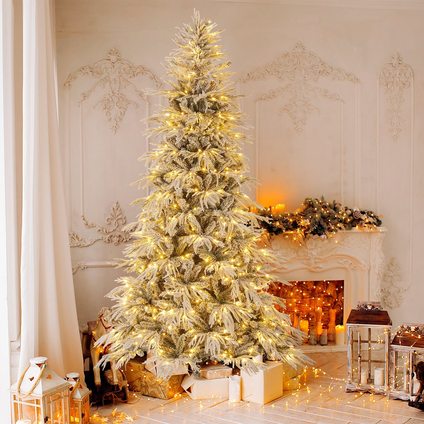 7 Feet Snow-flocked Artificial Christmas Tree Pre-lit Hinged Xmas Tree with Warm White LED Lights