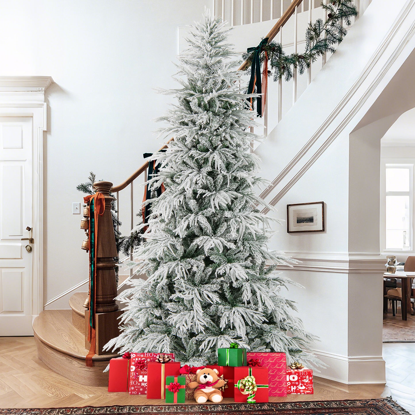7 Feet Snow-flocked Artificial Christmas Tree Pre-lit Hinged Xmas Tree with Warm White LED Lights