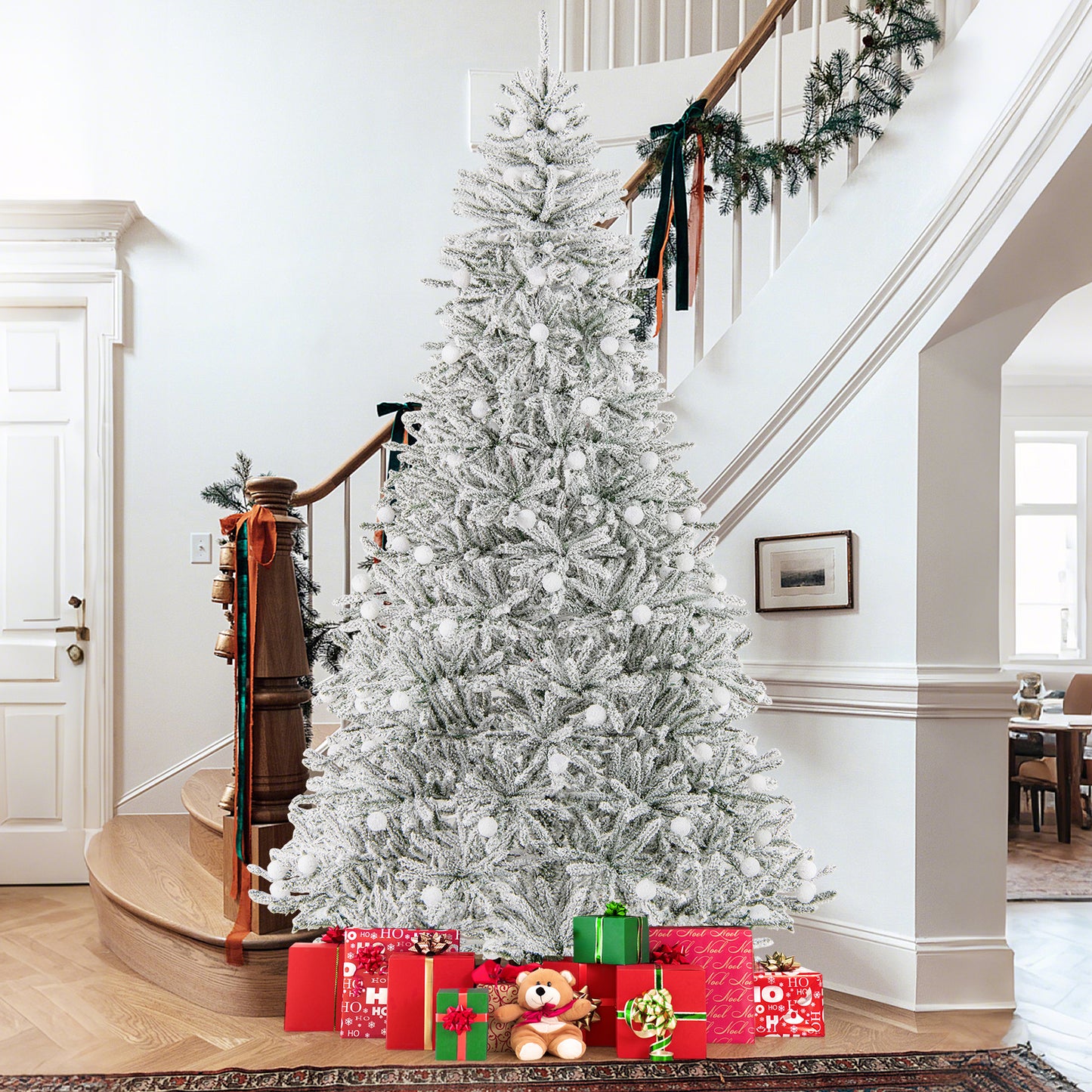 8 Feet Snow-flocked Artificial Christmas Tree Pre-lit Hinged with 81 Sphere Lights and Remote