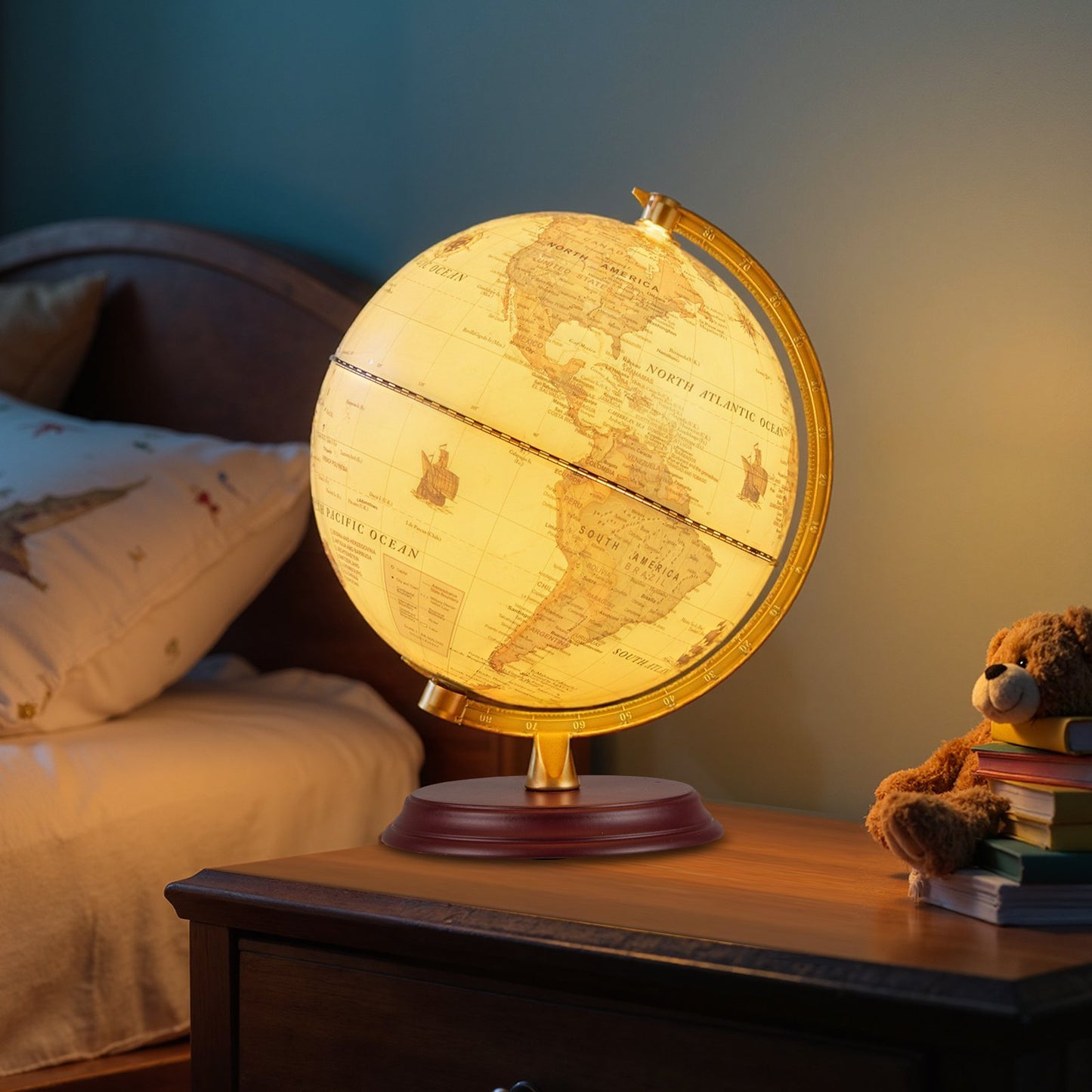 8 Inch Illuminated World Globe Night Light up Globe Lamp with Wooden Stand and HD Map-Blue
