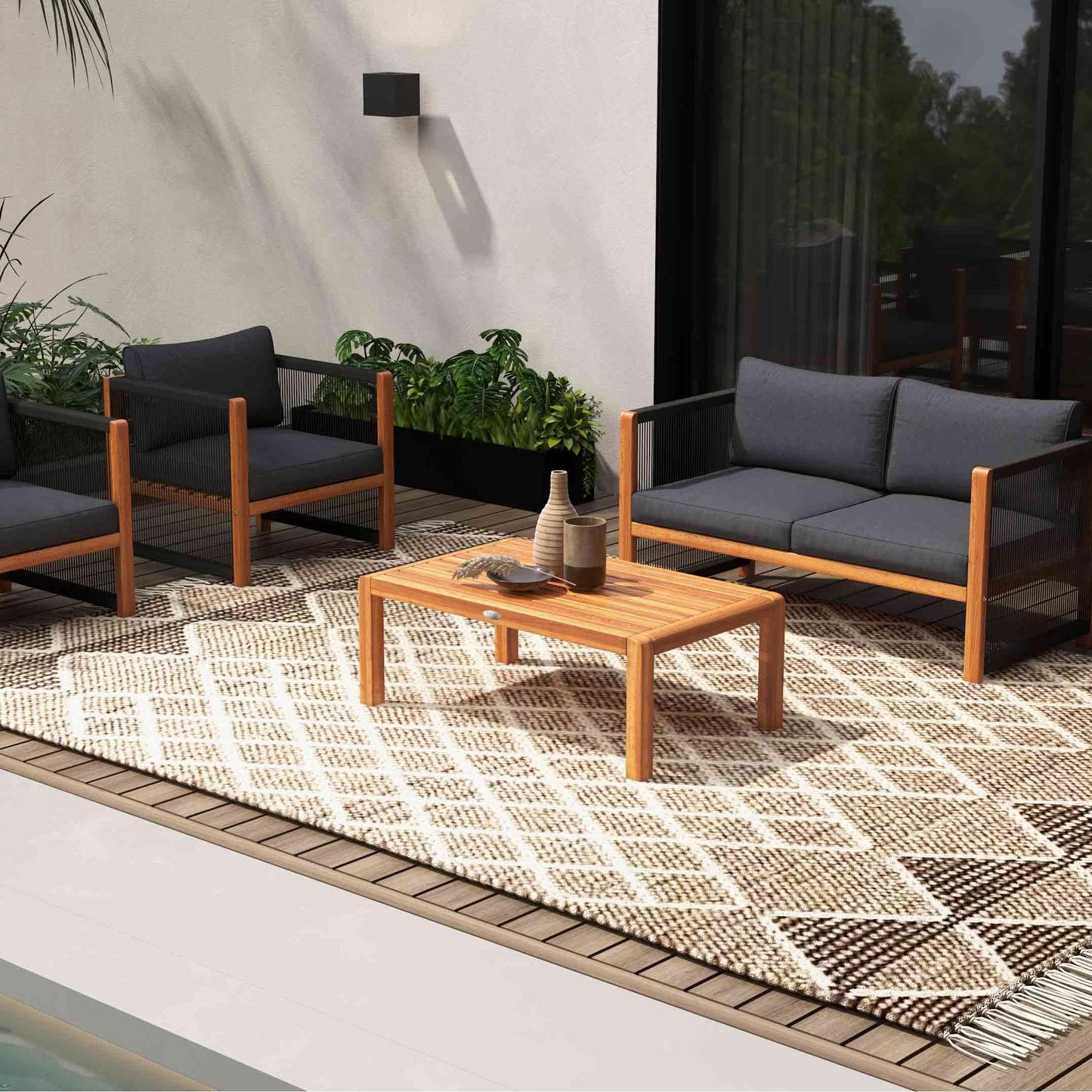 8-Piece Outdoor Furniture Set-Solar Umbrella Bistro Set Conversation Set Chaise Lounger Folding Bed Side Table Swing Chair & Dining Set