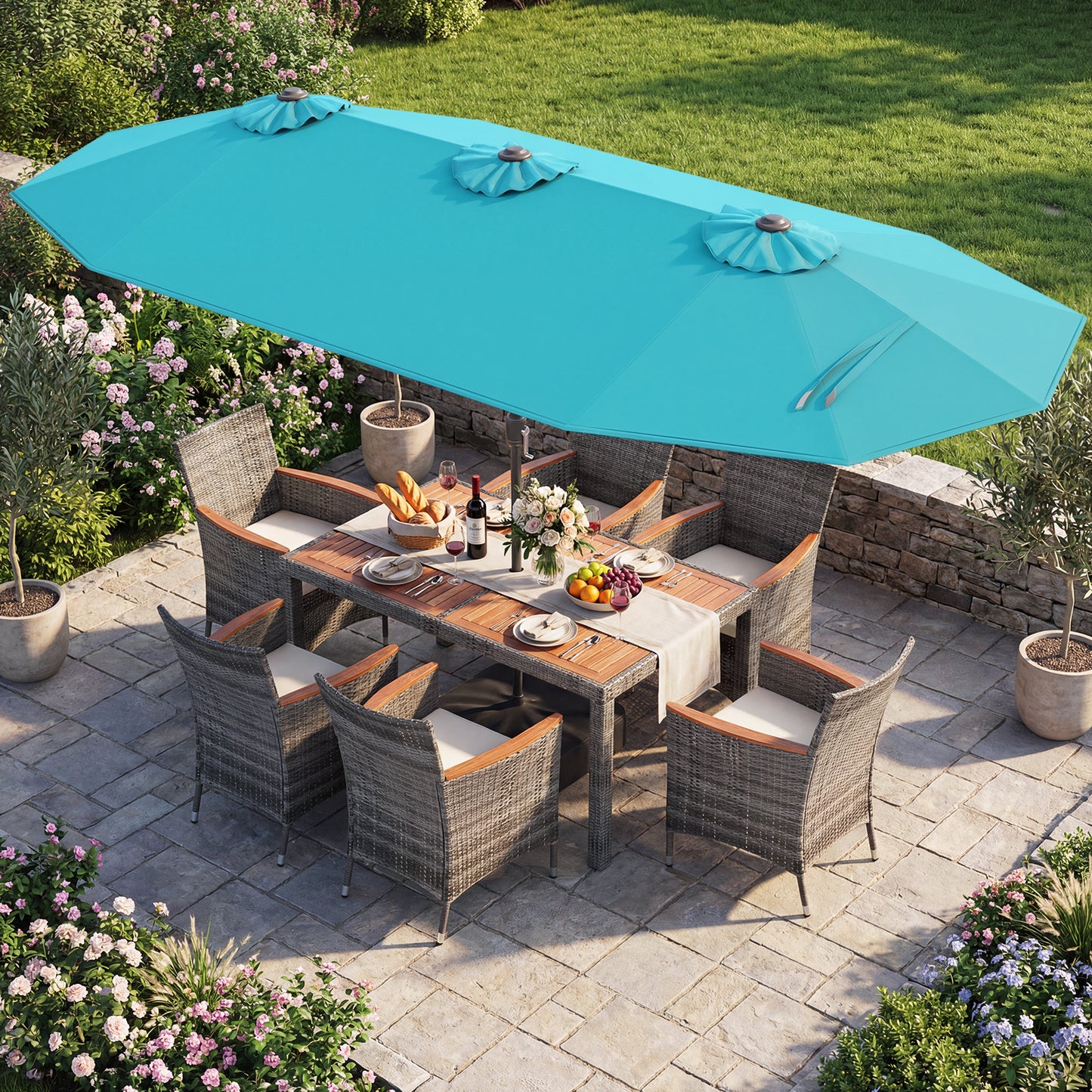 8 Pieces Outdoor Wicker Dining Furniture and 13.5 FT Double-Sided Patio Umbrella-Beige