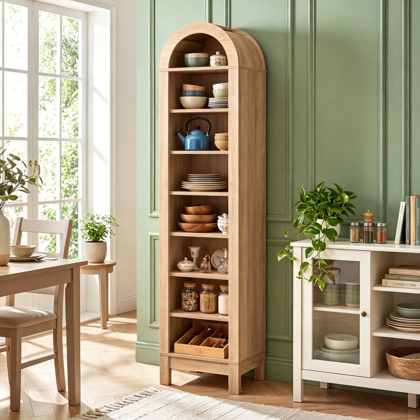 8-tier modern arch bookshelf with three adjustable shelves, natural finish, ideal for home office storage and organization.