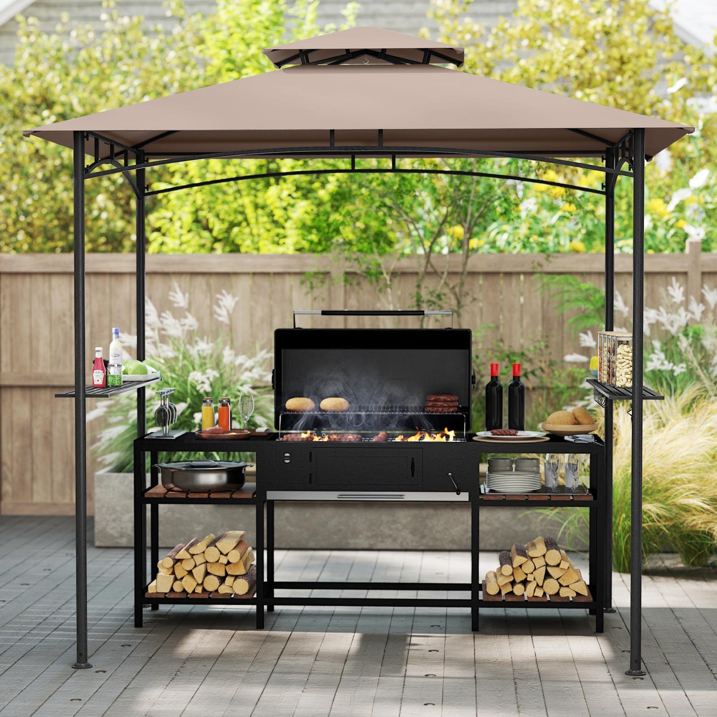 8 x 5 Feet Grill Gazebo with 2 Shelves 6 Hooks and Metal Frame-Rustic Brown
