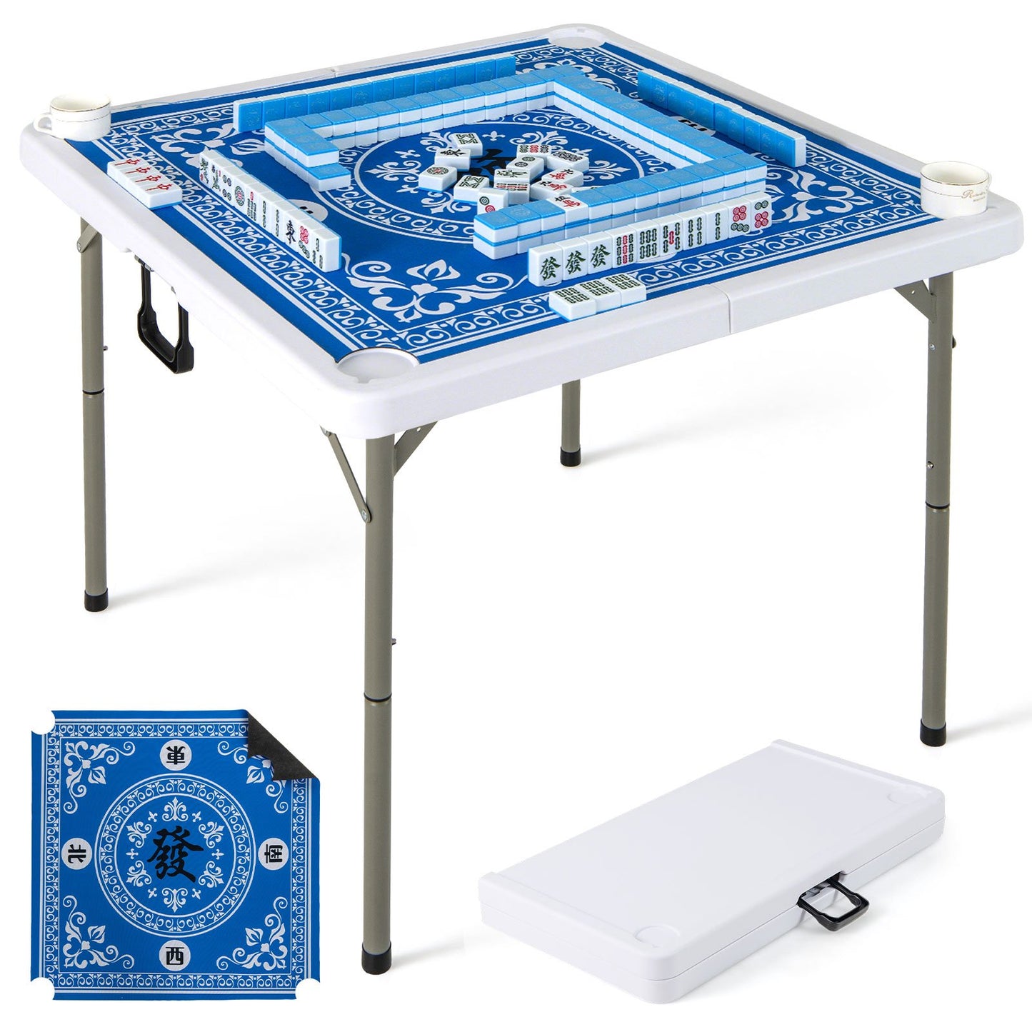 35 Inch 4 Player Game Card Folding Mahjong Table with Cup Holders-Blue