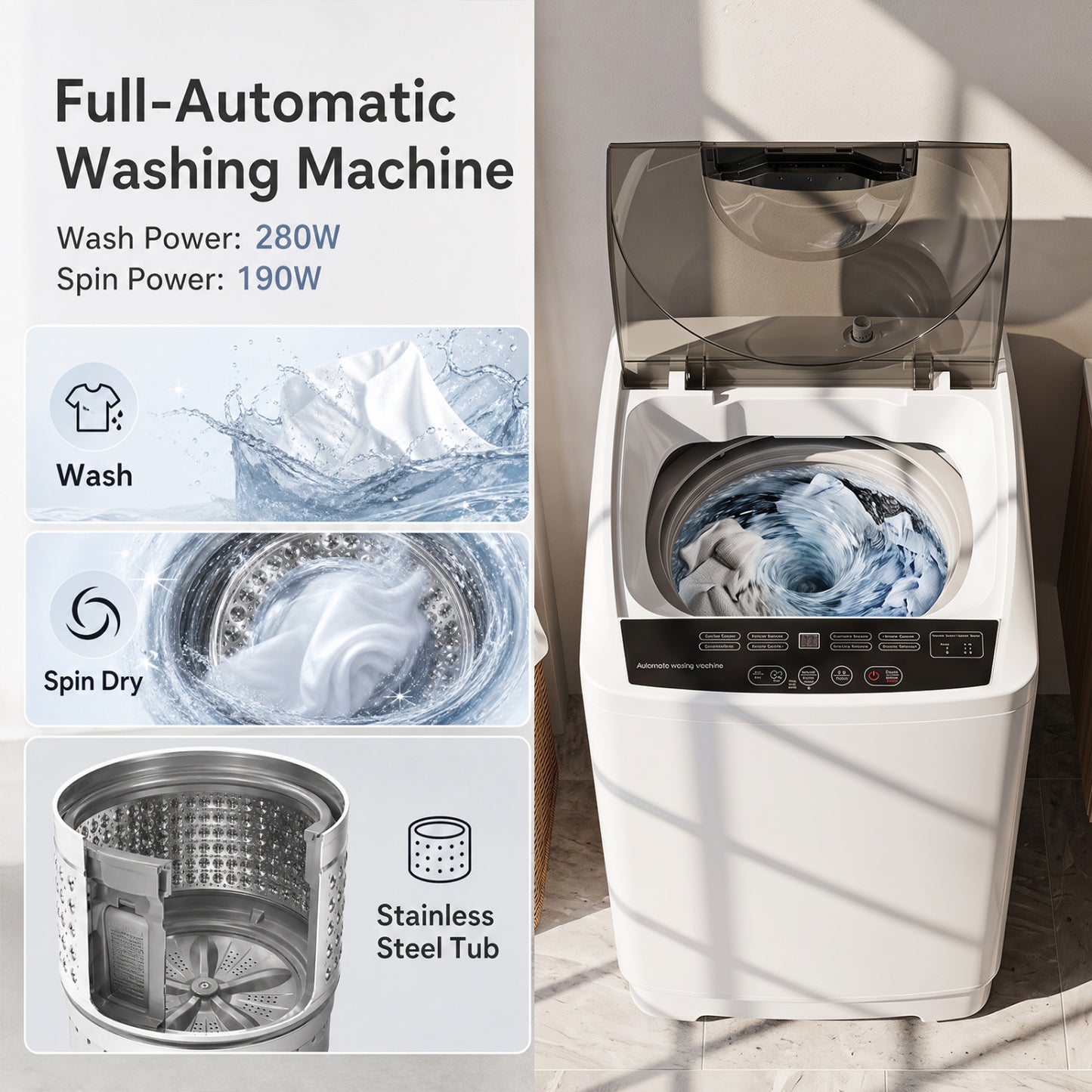 9.93 lbs Full Automatic Washing Machine with 8 Preset Programs-Gray