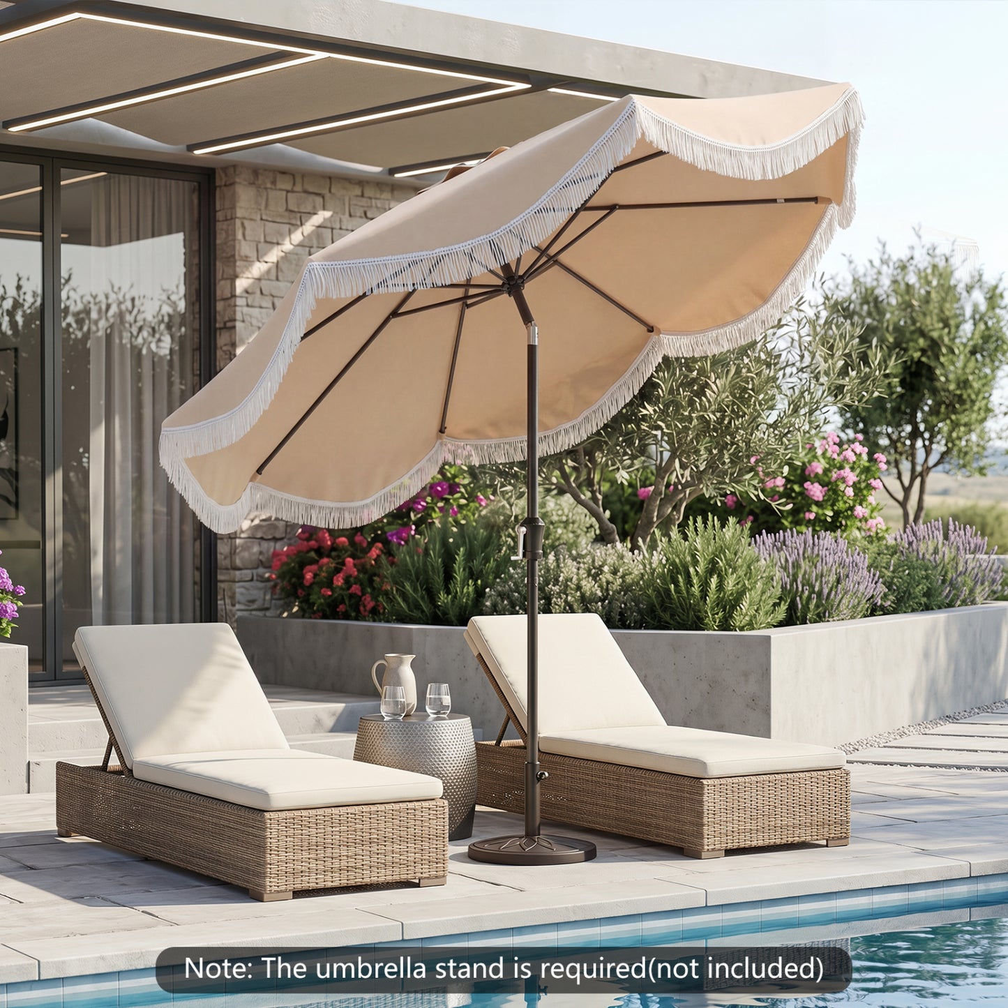 9/10 ft white outdoor tassel umbrella with push button tilt, providing shade for outdoor spaces.