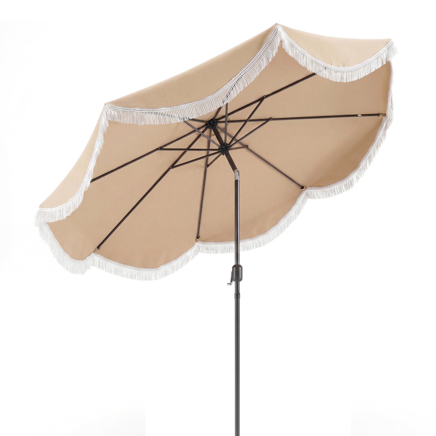 9 ft white outdoor tassel umbrella with push button tilt for shade, featuring decorative tassels, by Wilsons Home Store.