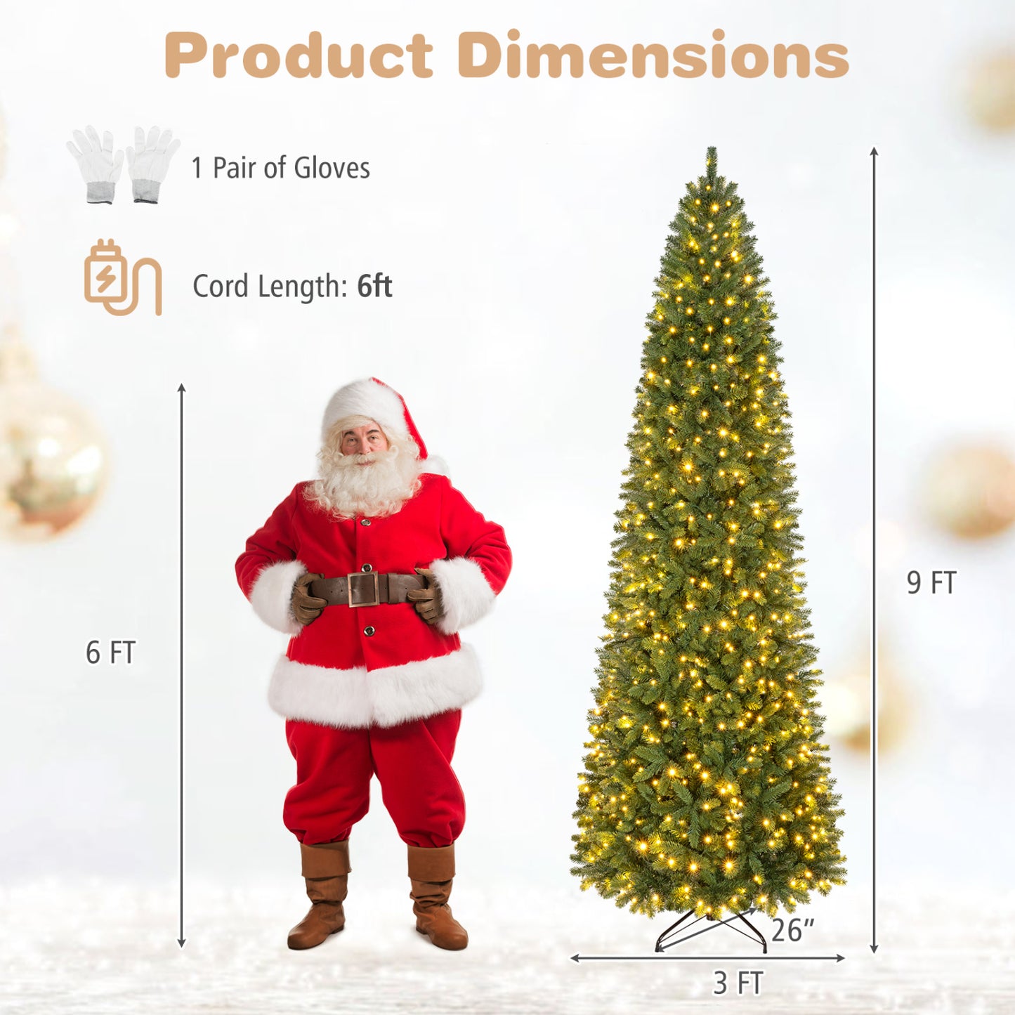 9 FT Pencil Alpine Christmas Tree with 1345 Full Branch Tips and 550 Dual-Color LED Lights