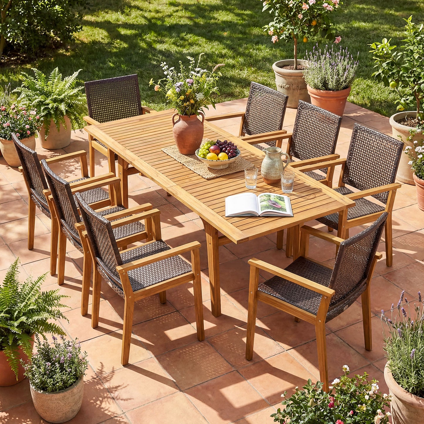 9-piece expandable patio dining set by Wilsons Home Store with table and chairs for outdoor deck or garden dining.