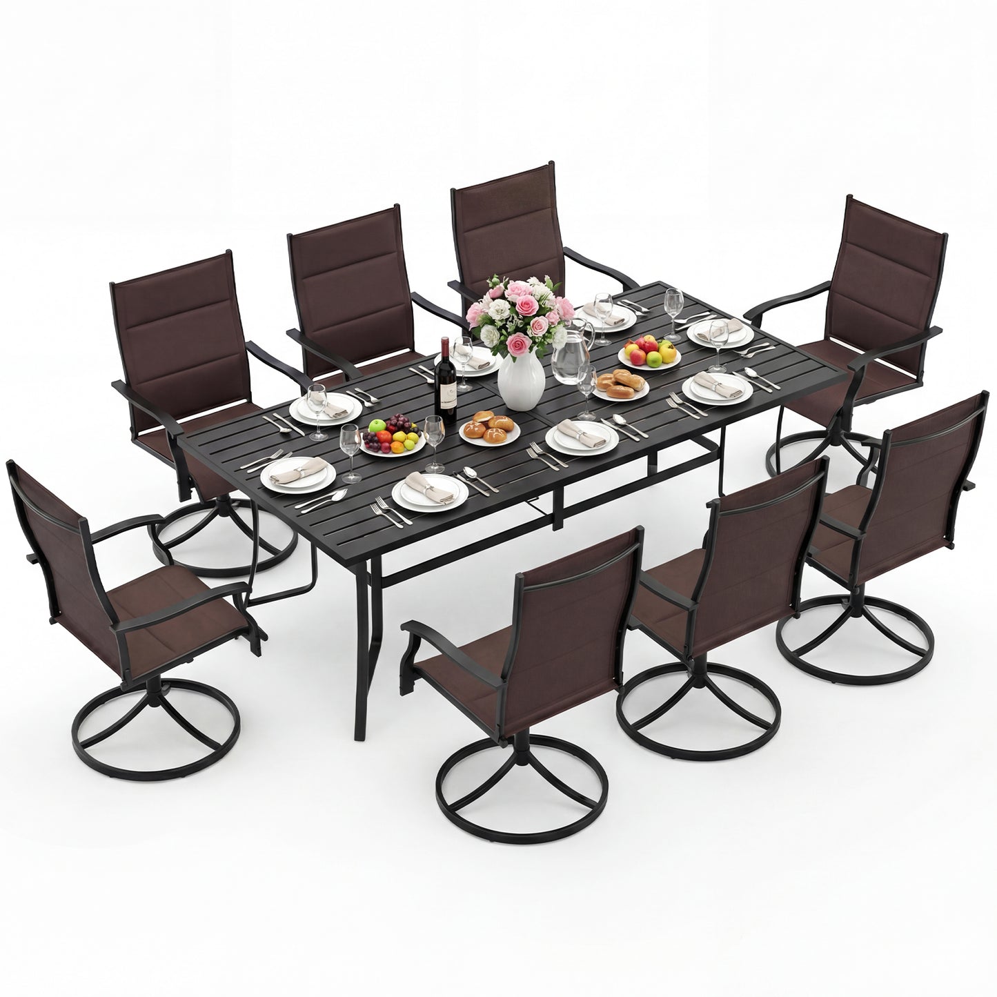 Black 9-piece outdoor dining set for 8 with umbrella hole and 8 chairs, made by Direct by Wilsons Home Store.