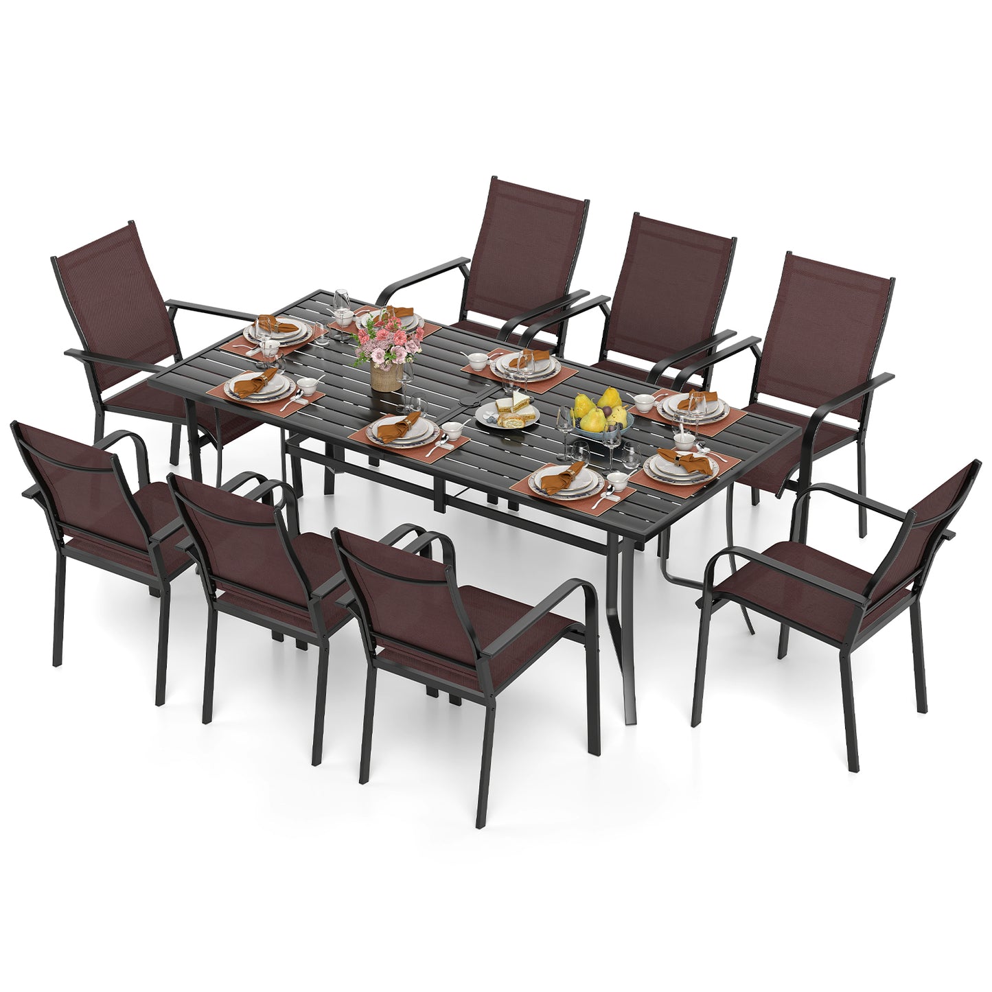 Black 9-piece patio dining set with 8 stackable chairs and rectangular table, outdoor patio furniture for outdoor dining and entertaining