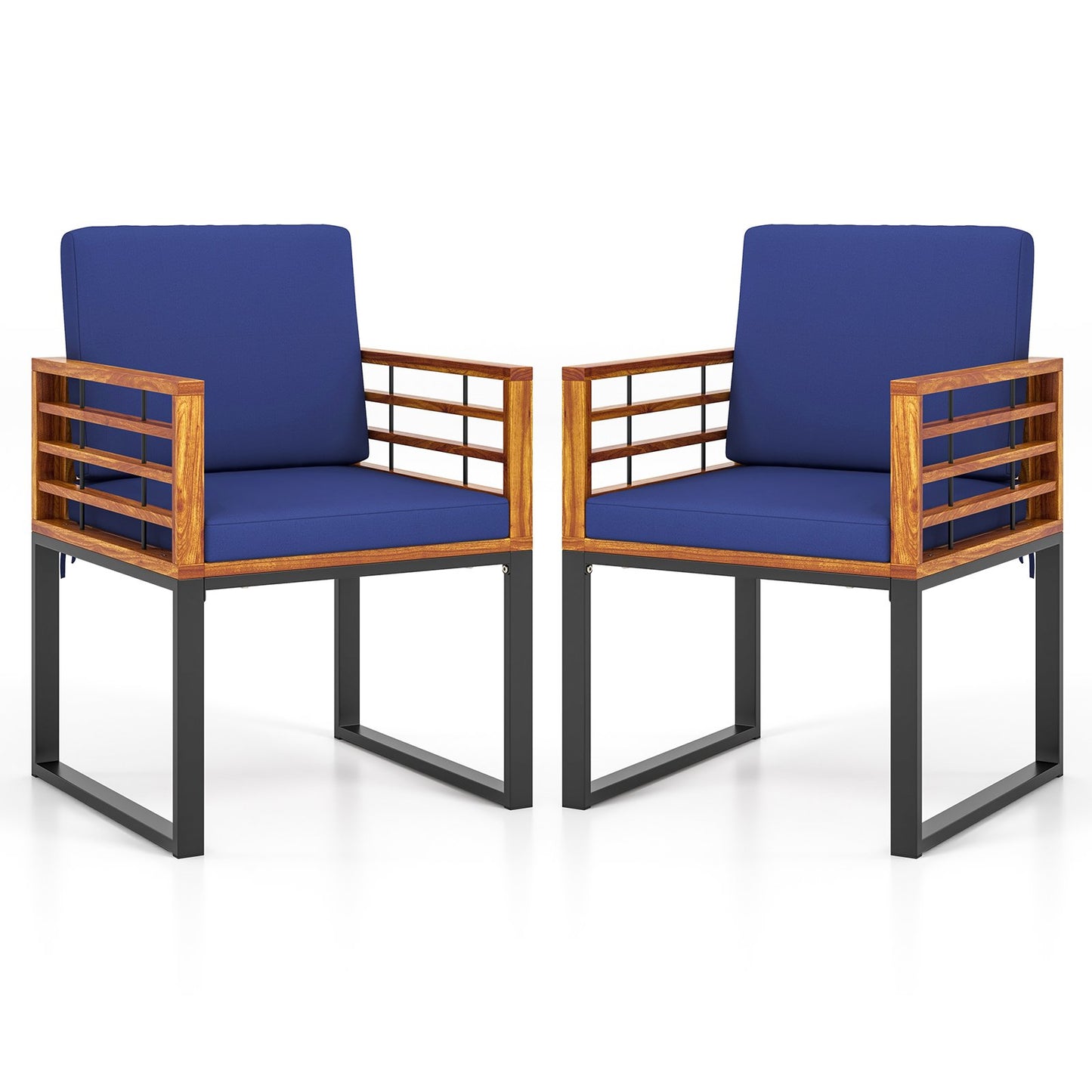 Acacia Wood Outdoor Dining Chairs Set of 2 with Soft Cushions-Navy
