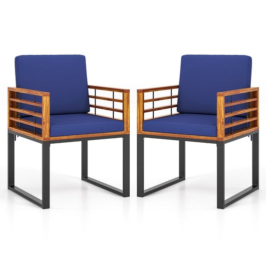Acacia Wood Outdoor Dining Chairs Set of 2 with Soft Cushions-Navy