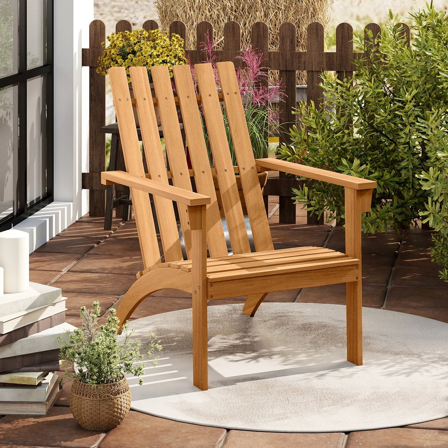 Acacia Wood Patio Adirondack Chair with Inclined Seat and High Backrest for Porch-Natural