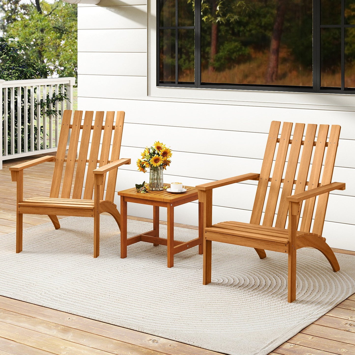 Acacia Wood Patio Adirondack Chair with Inclined Seat and High Backrest for Porch-Natural