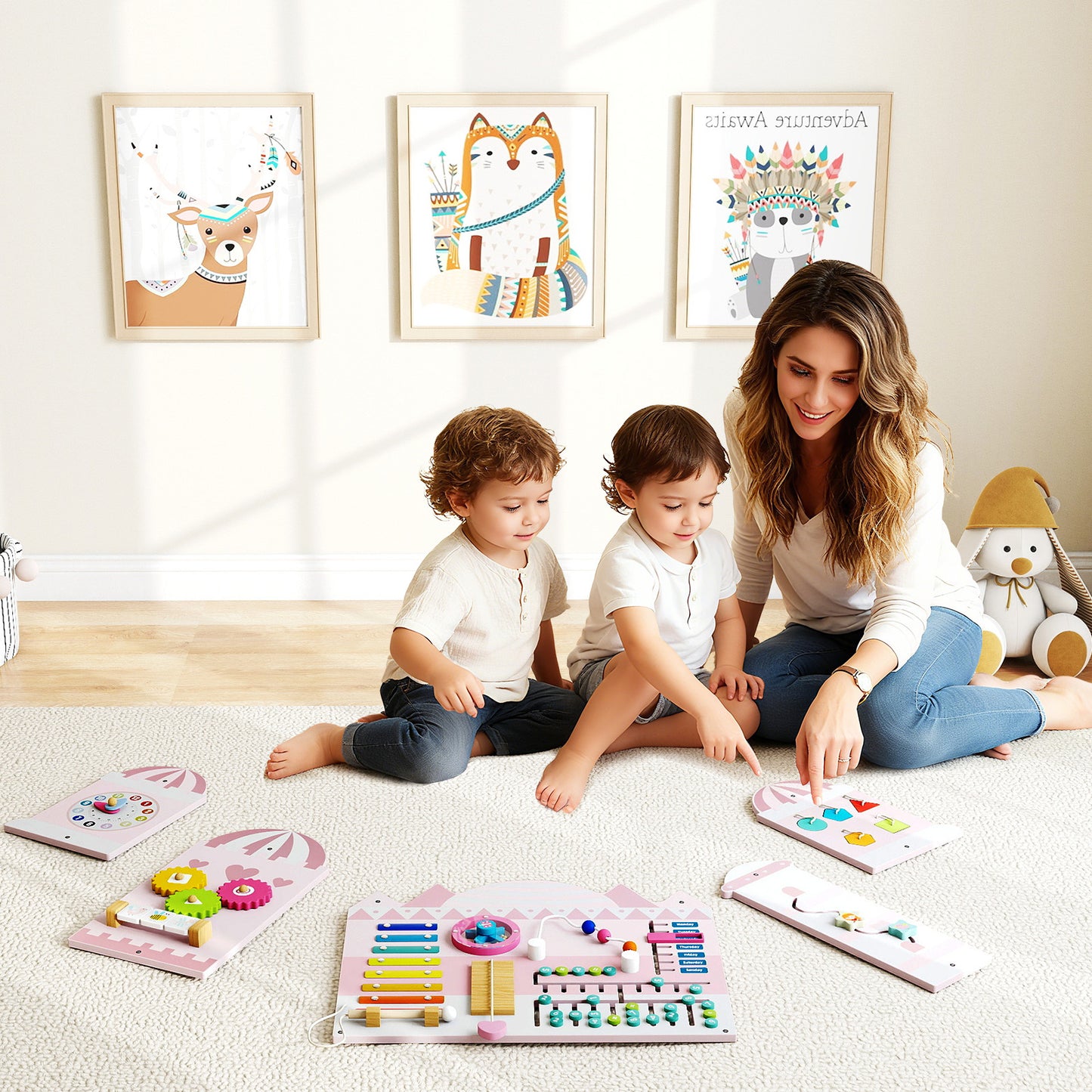 Activity Wall Busy Board Panels for Toddlers Wooden Sensory Board-Pink