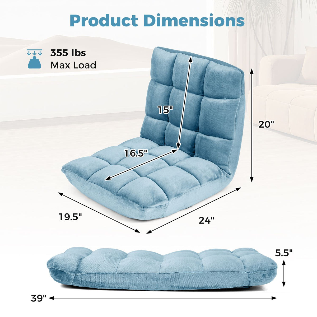 Adjustable 14-Position Floor Chair with Soft Flannel Cover and Heavy Duty Metal Support for Adults-Black