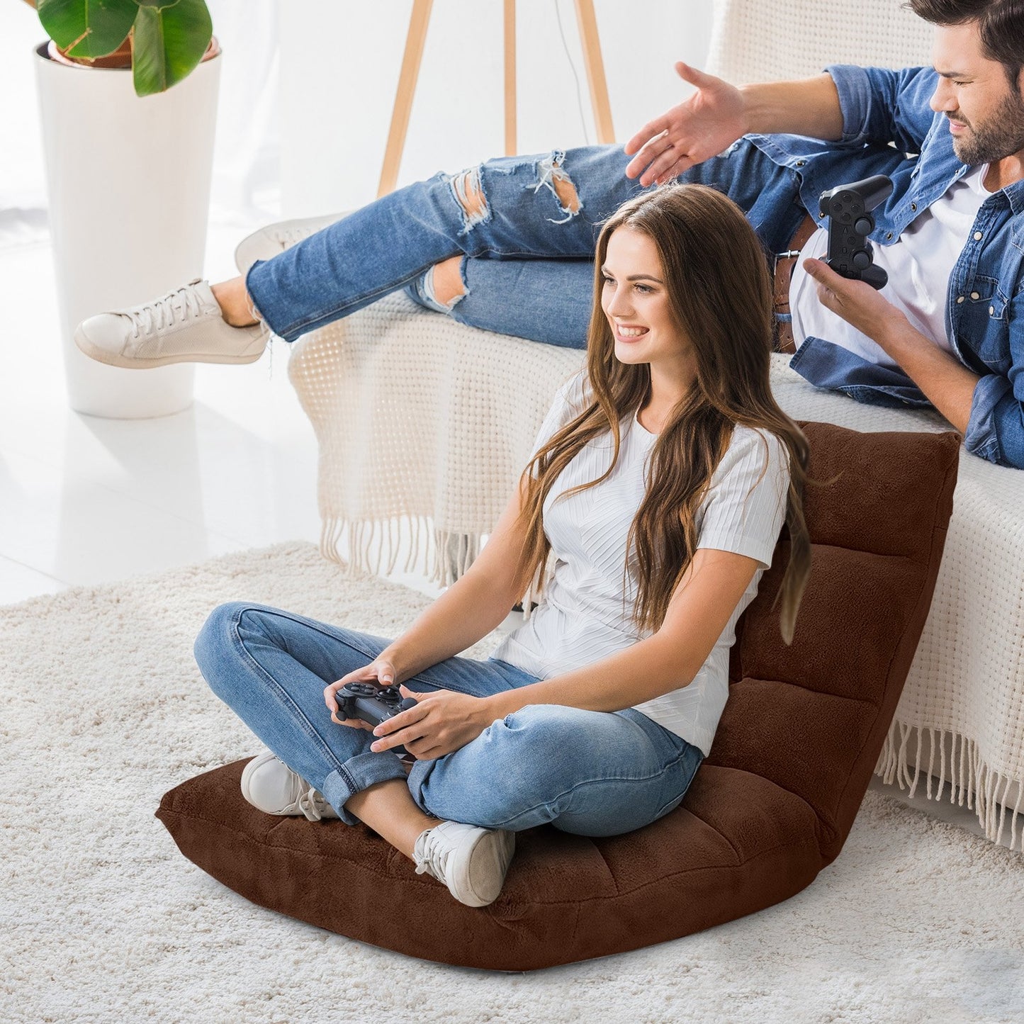 Adjustable 14-position Cushioned Floor Chair-Beige
