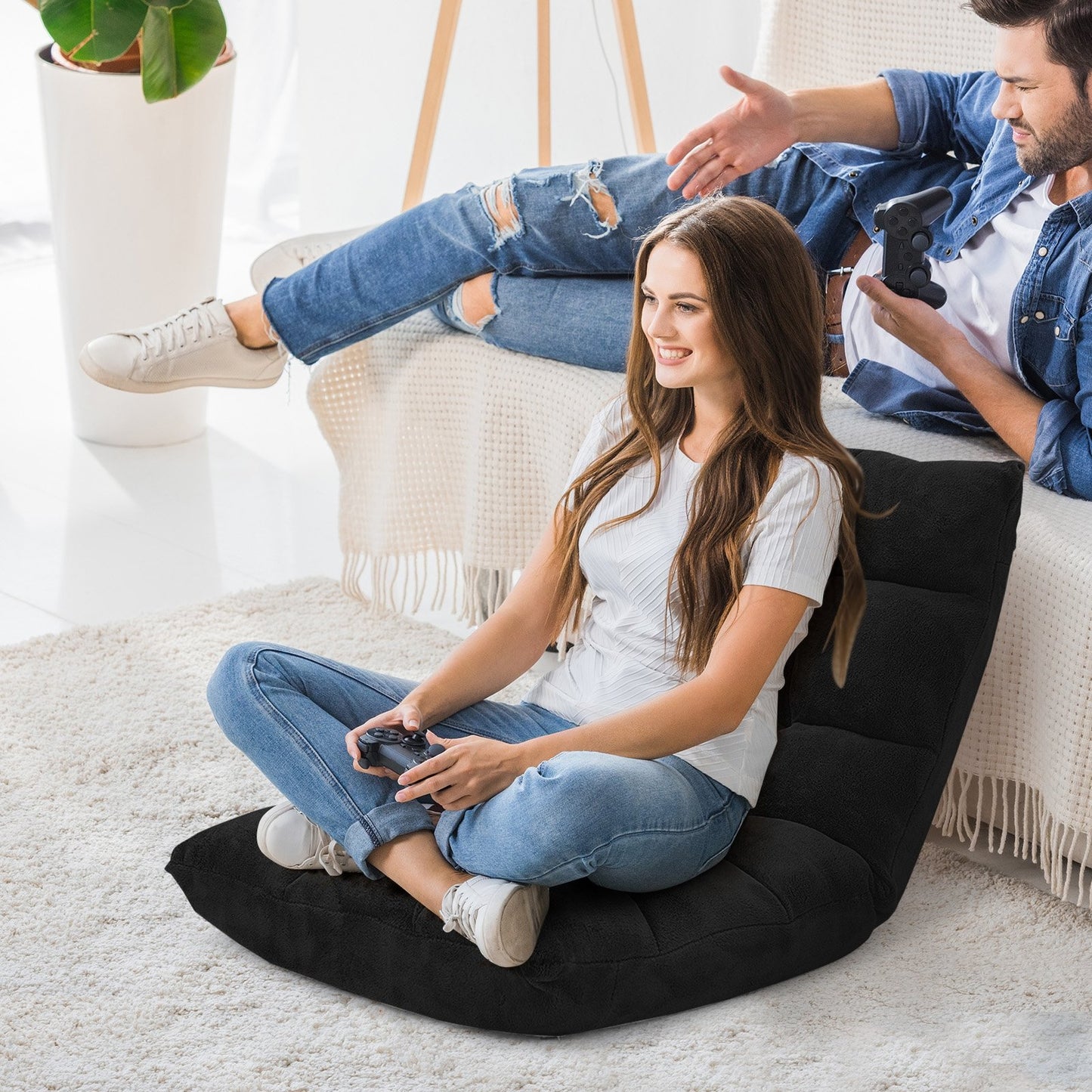 Adjustable 14-position Cushioned Floor Chair-Beige