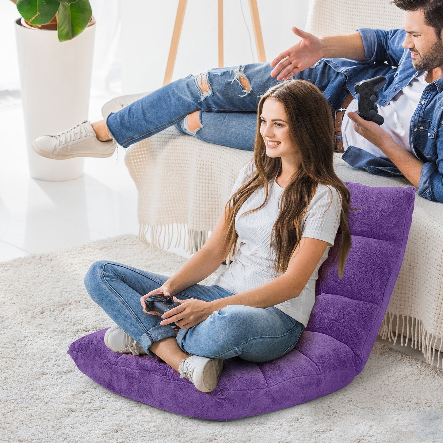 Adjustable 14-position Cushioned Floor Chair-Beige