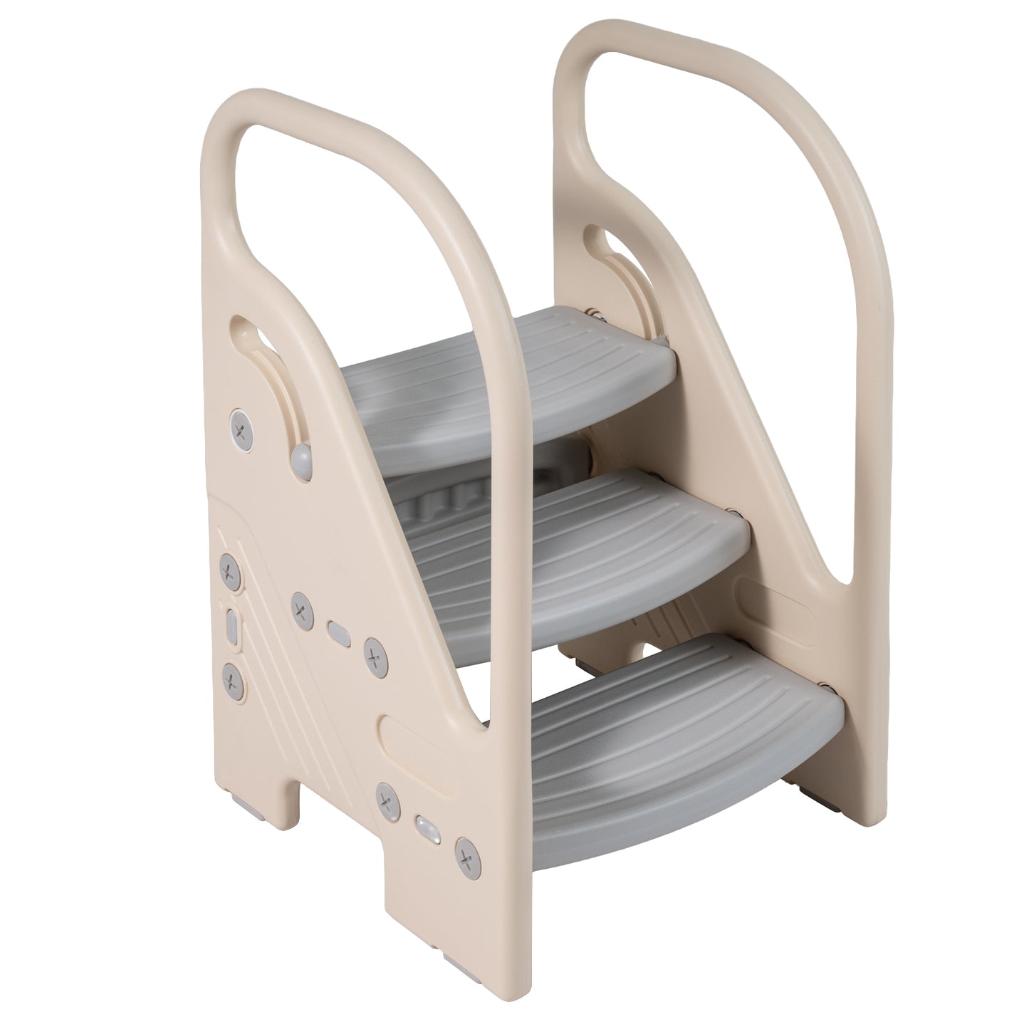 Gray adjustable 3-step helper stool with safety handles for kids, designed for toddler and kids' seating and support.