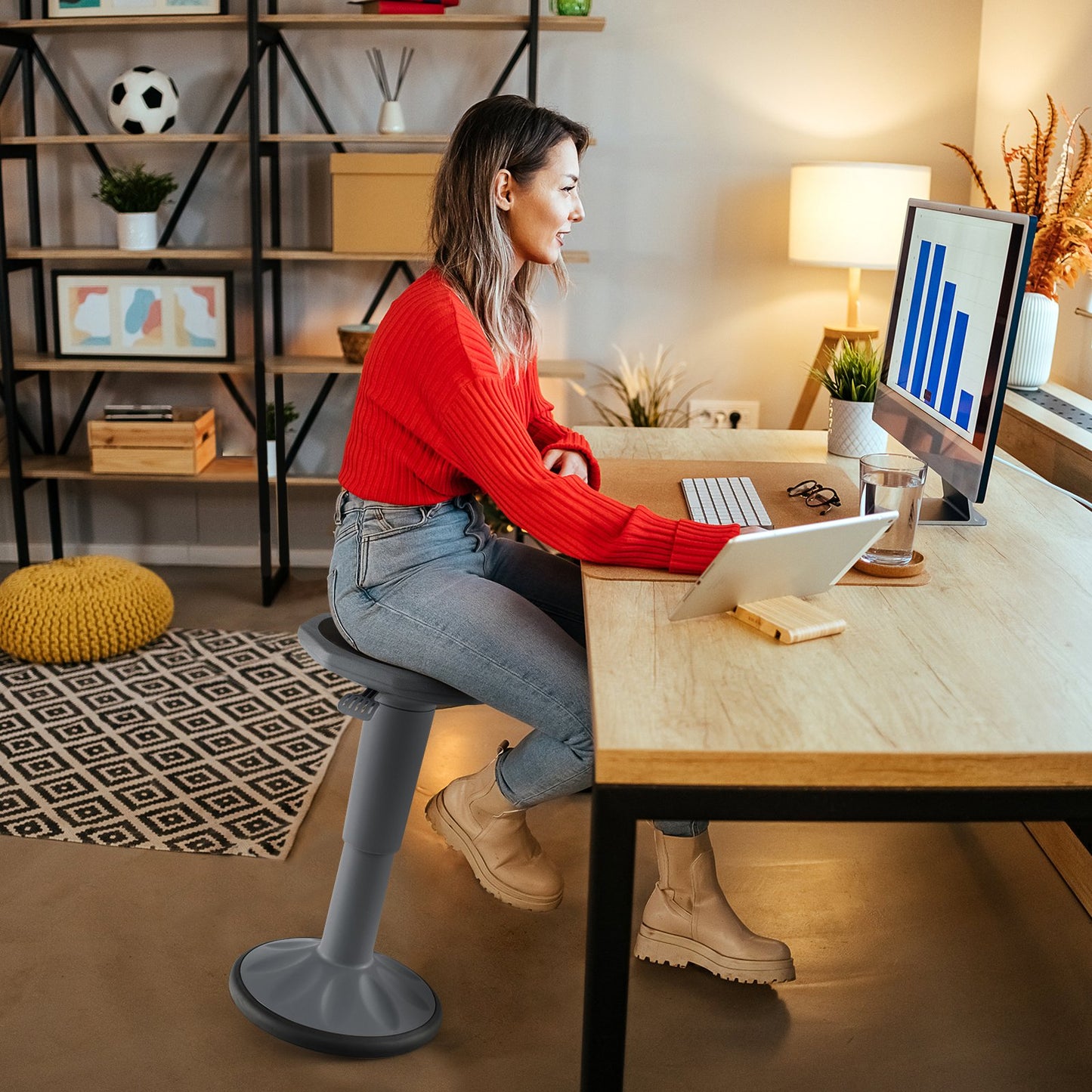 Adjustable Active Learning Stool Sitting Home Office Wobble Chair with Cushion Seat -Black