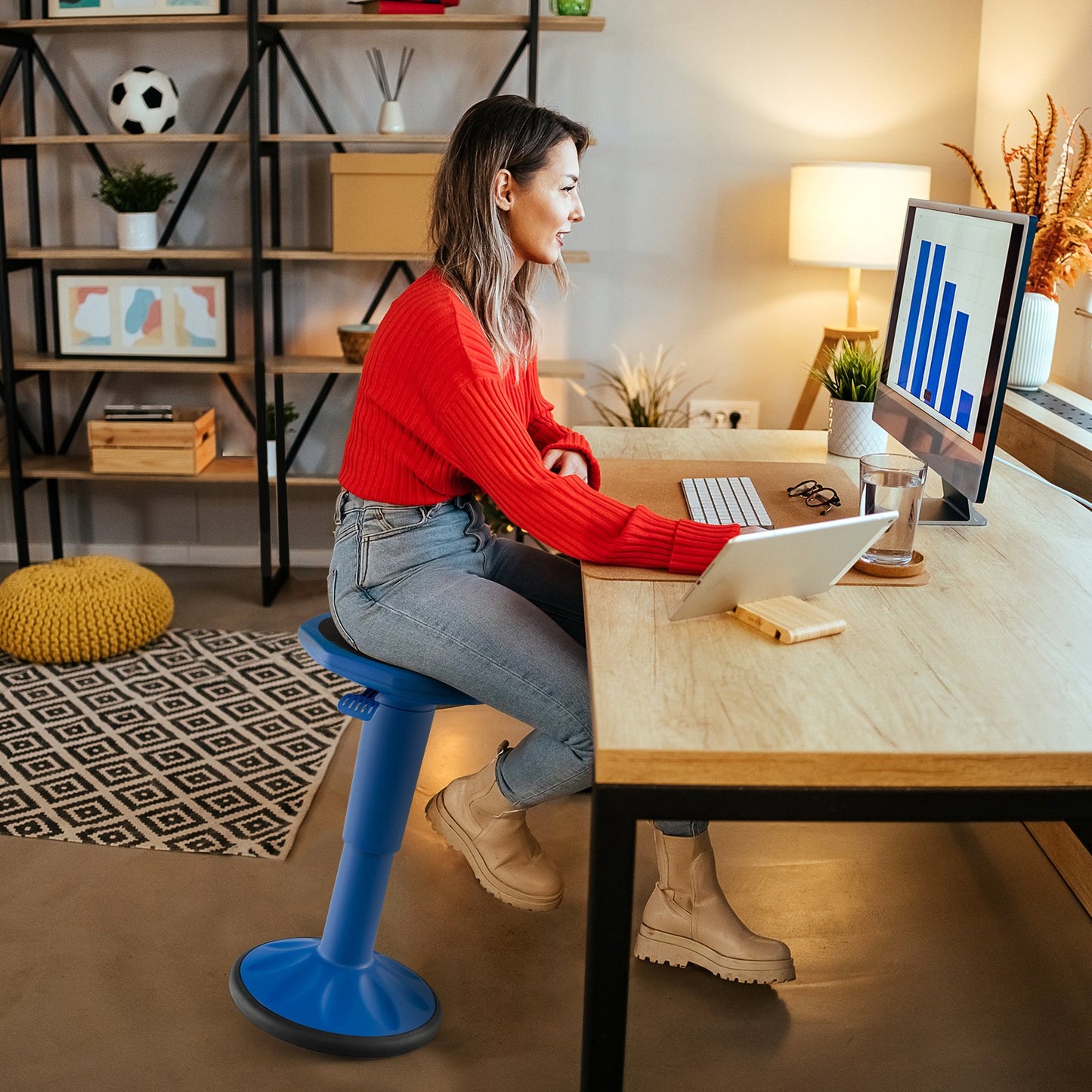 Adjustable Active Learning Stool Sitting Home Office Wobble Chair with Cushion Seat -Black