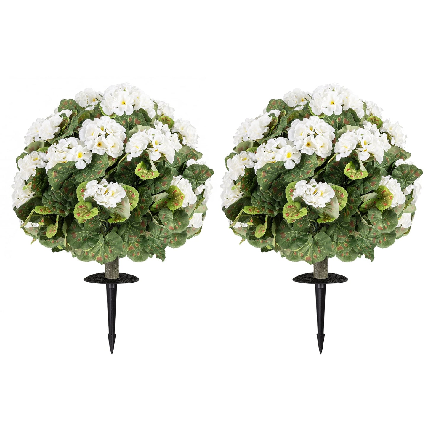 Artificial Begonia Ball Trees Set of 2 13 inch Fake Evergreen Shrubs with Ground Spikes-White