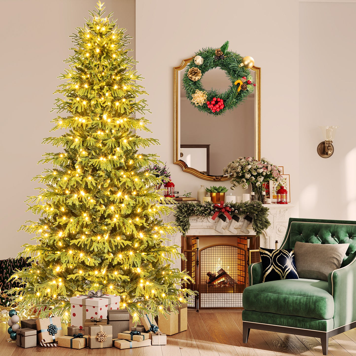 Artificial Christmas Tree with LED Lights and PVC Mixed Branch Tips-8 Feet