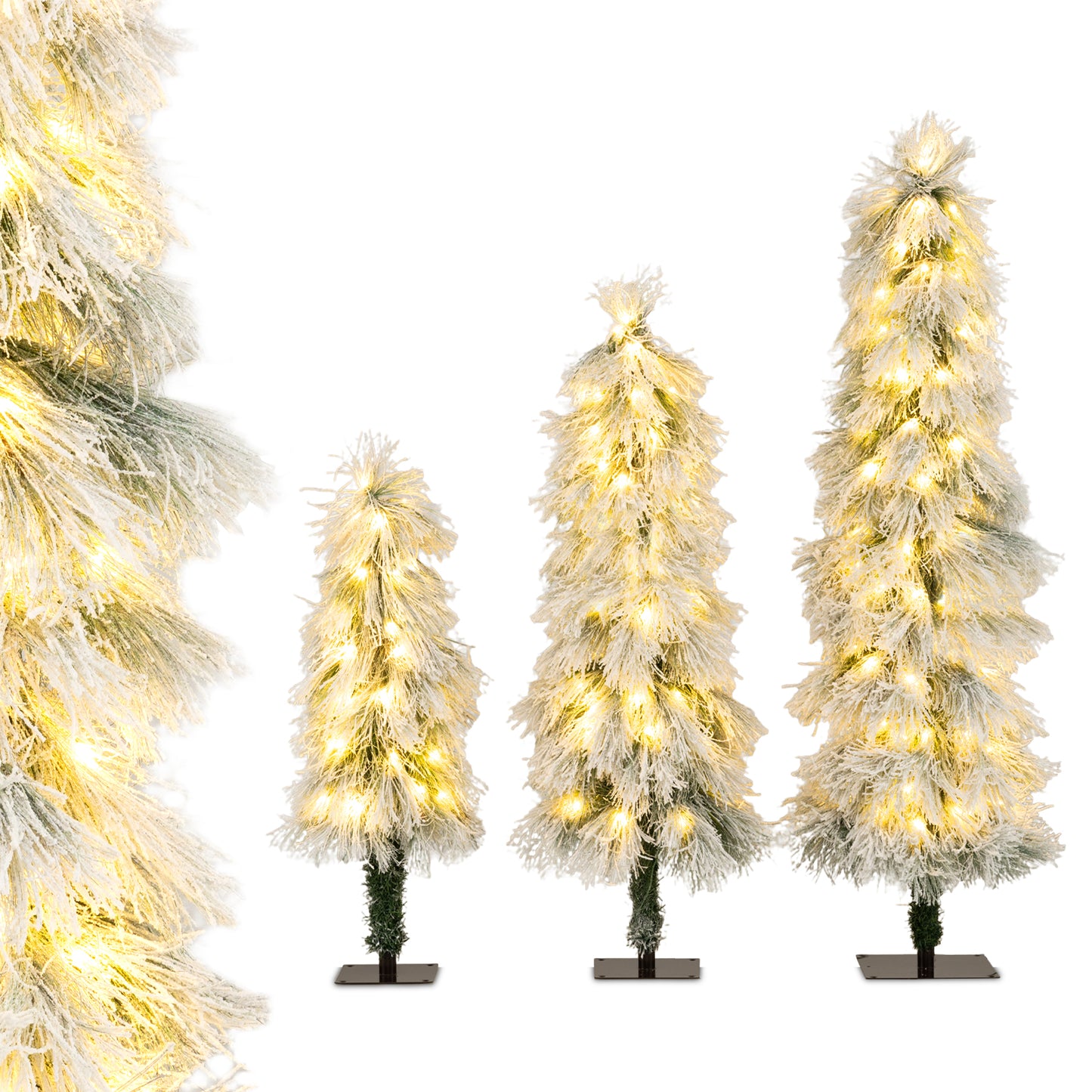Artificial Christmas Tree Set of 3 with Snow-flocked Branch Tips and LED Lights