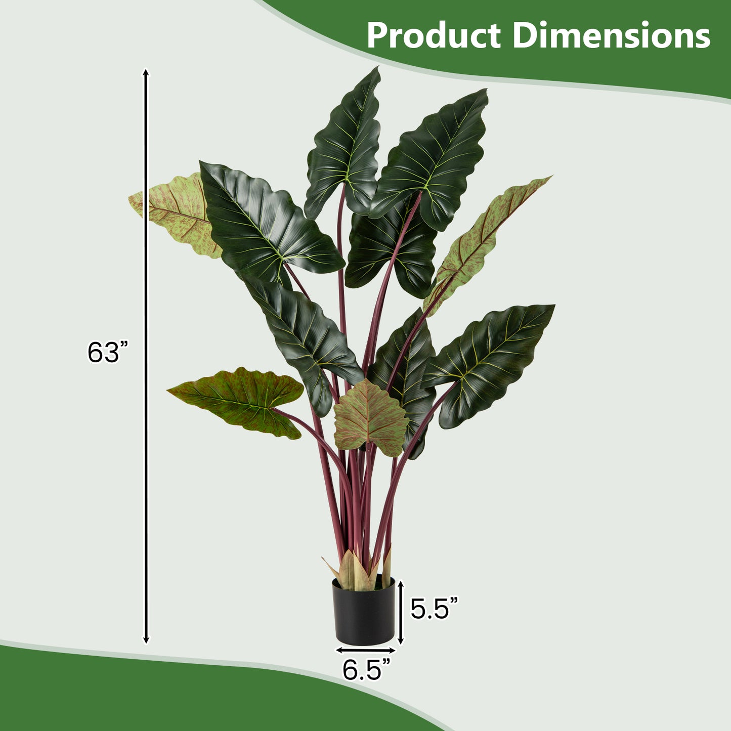 Artificial Rainbow Taro Tree 63" Tall with 11 Faux Leaves-2 Pack